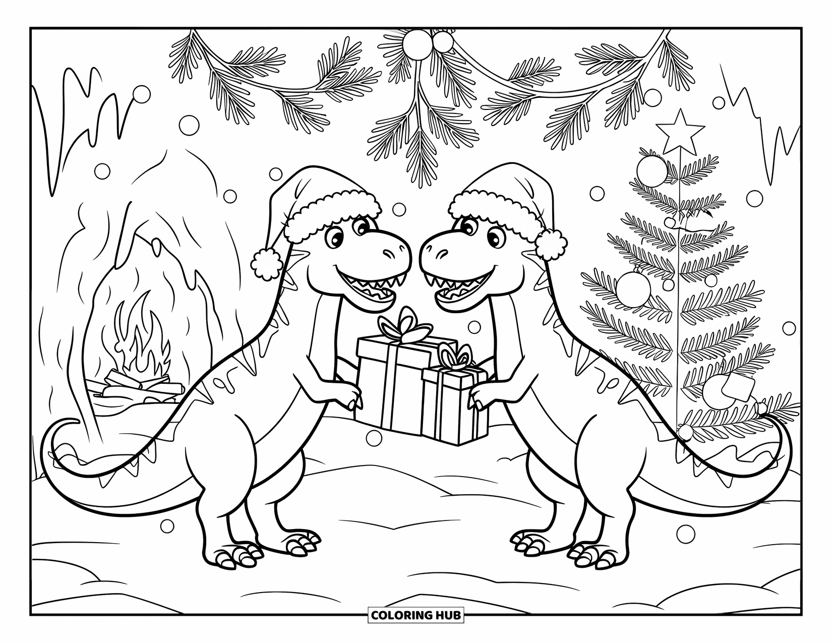 Christmas Dinosaur Coloring Page for Kids: Dinosaurs in Santa hats exchanging gifts under mistletoe by a snowy cave fire