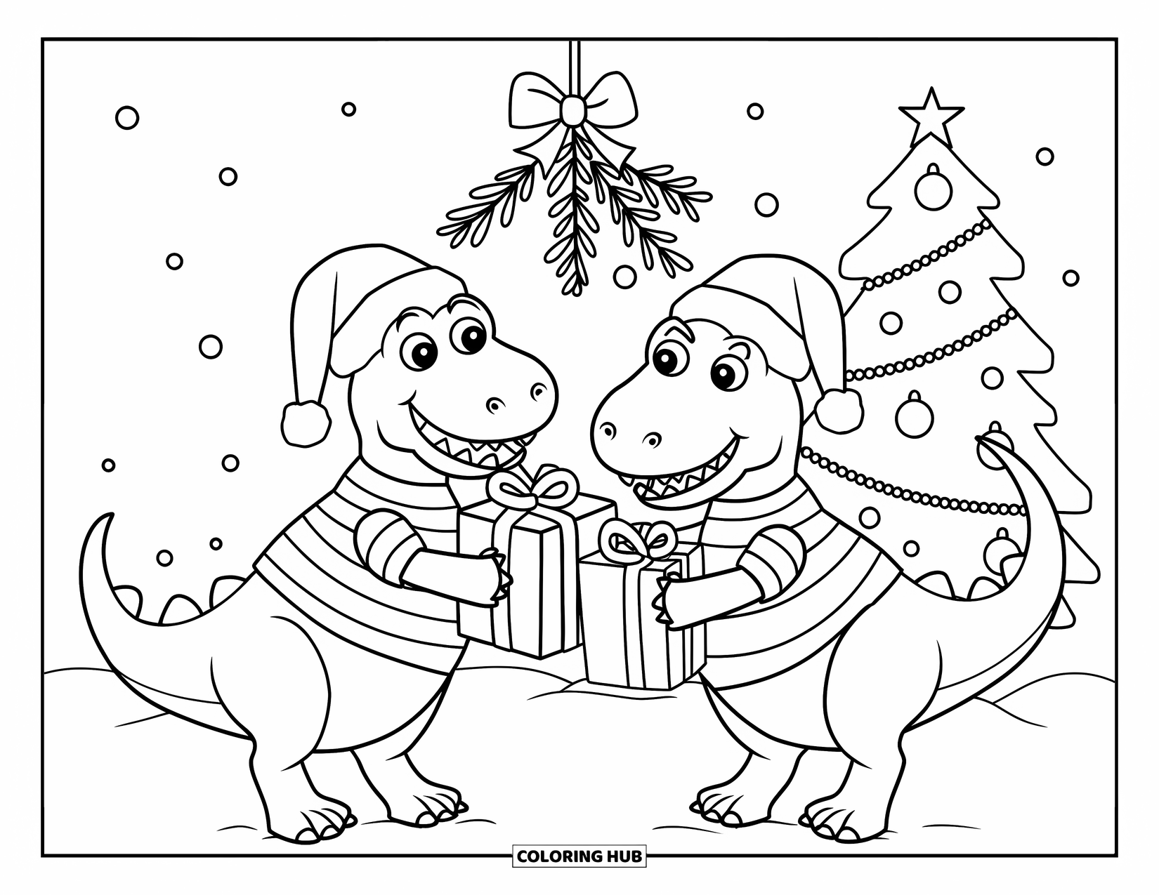 Christmas Dinosaur Coloring Page for Kids: Dinosaurs in striped shirts and hats exchanging gifts in the snow