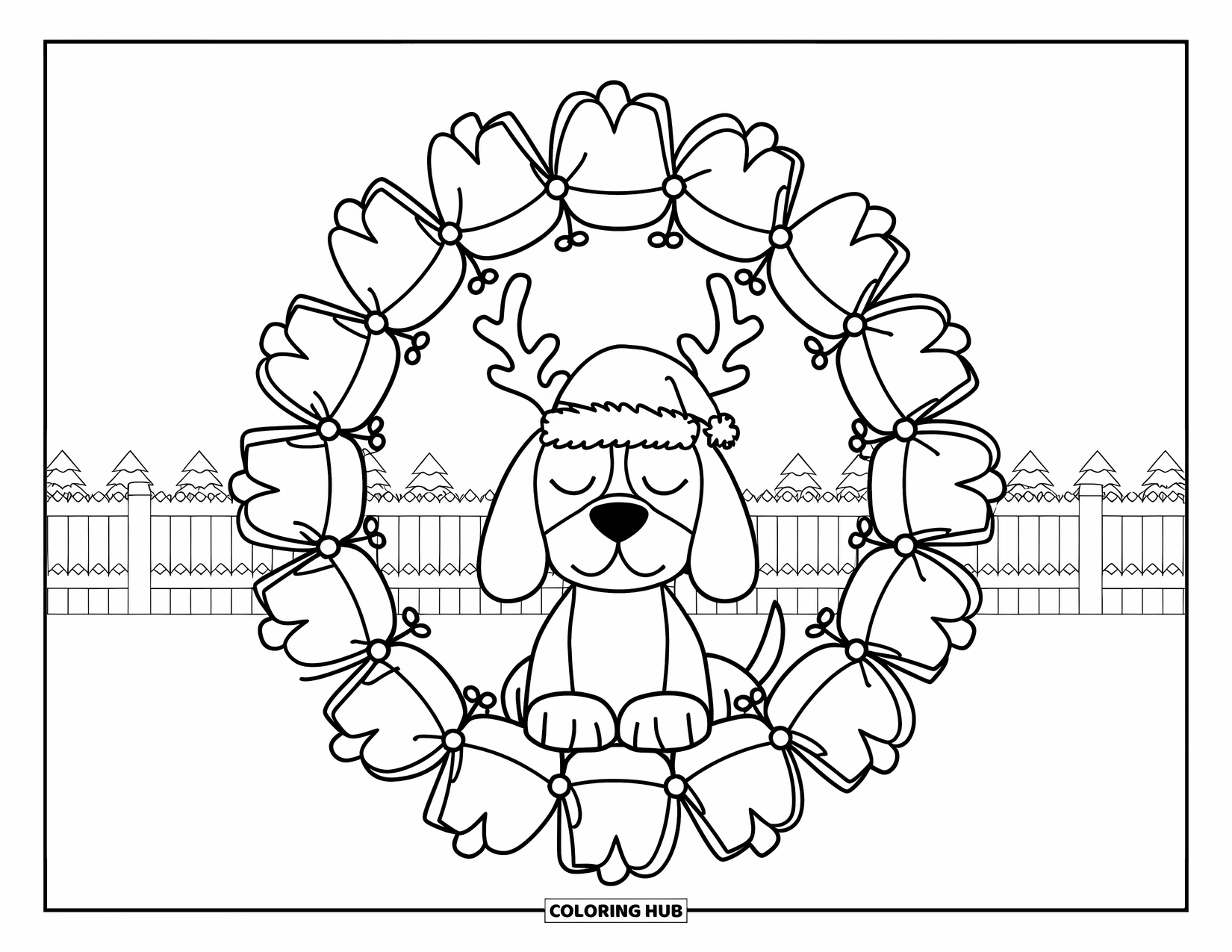 Christmas Dog Coloring Page for Adults: A Beagle with antlers and a Santa hat sitting in a mandala of bows