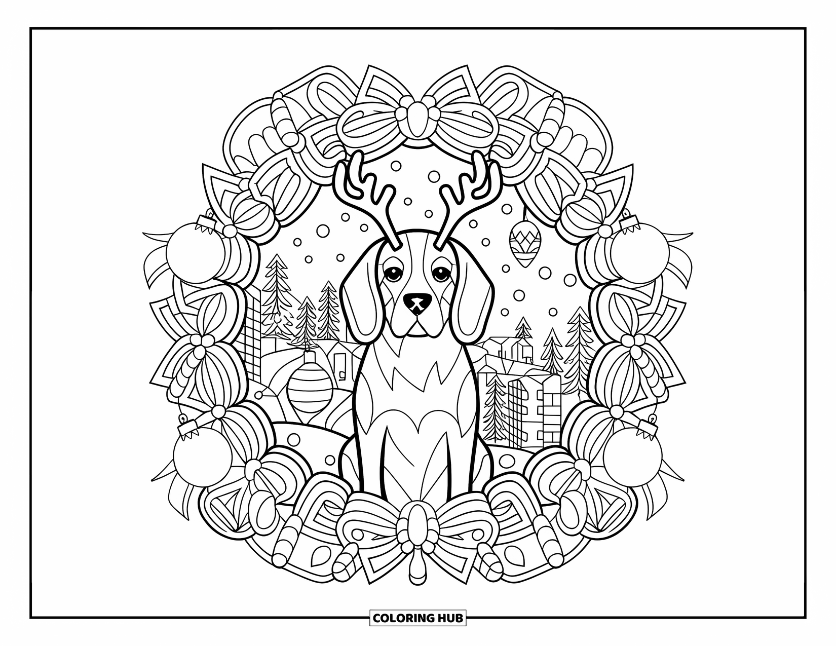 Christmas Dog Coloring Page for Adults: A Beagle with antlers framed by a floral mandala of bows and ornaments