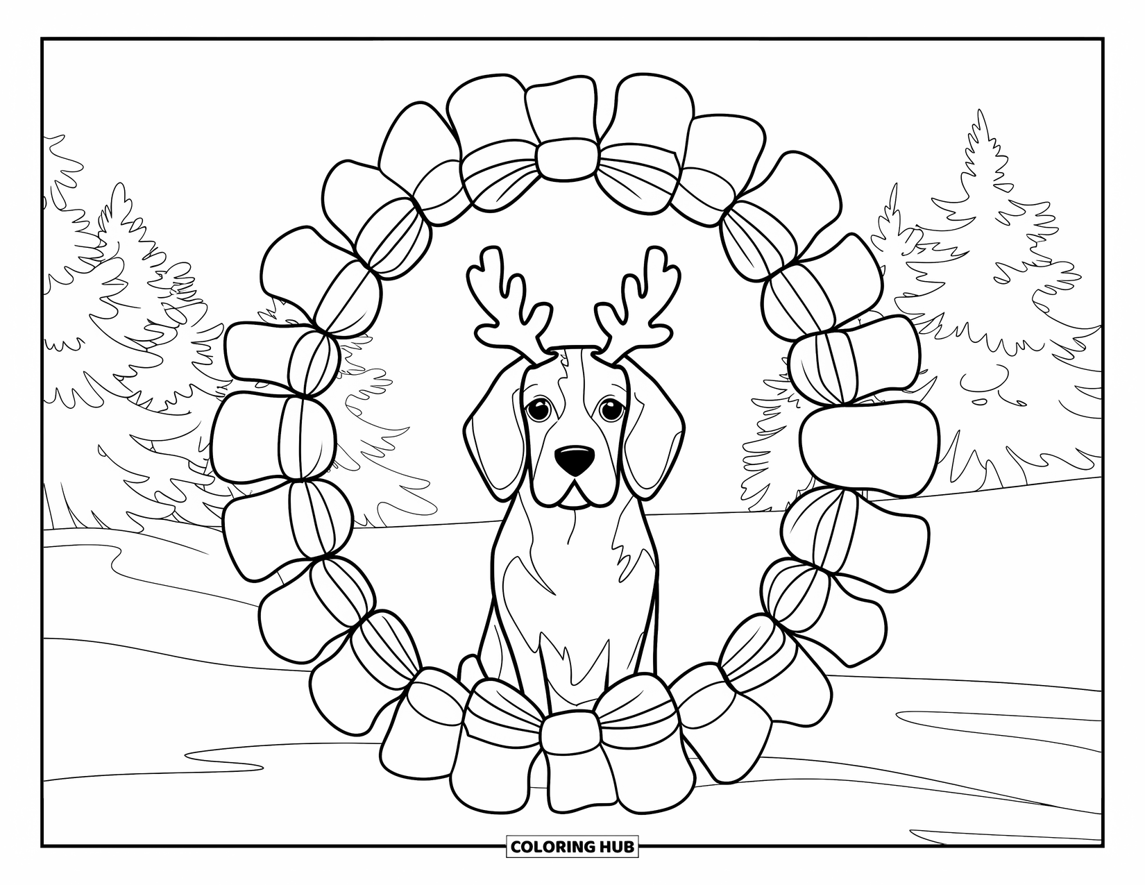 Christmas Dog Coloring Page for Adults: A Beagle with reindeer antlers sitting inside a floral mandala of bows