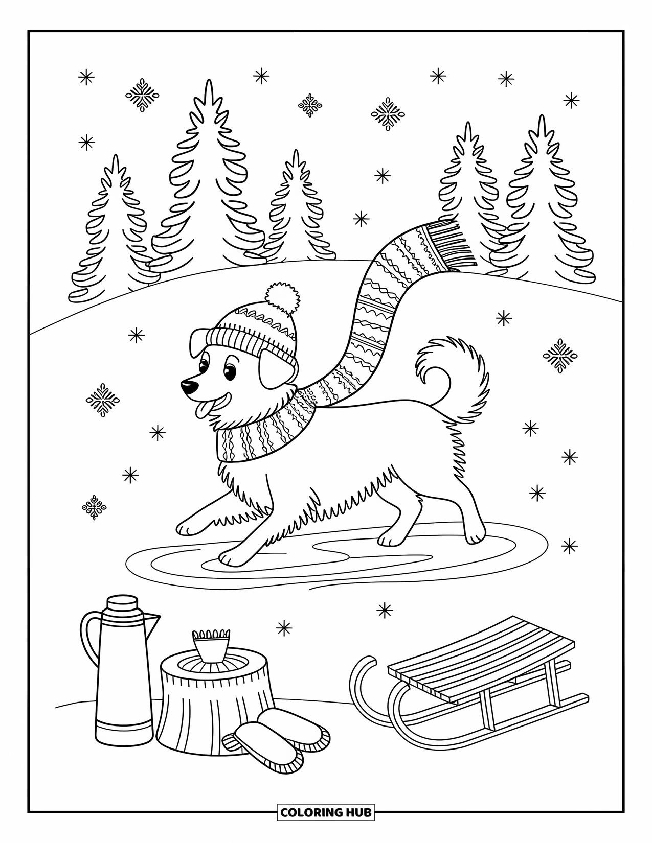 Christmas Dog Coloring Page for Adults: A Border Collie glides across ice wearing a beanie and scarf