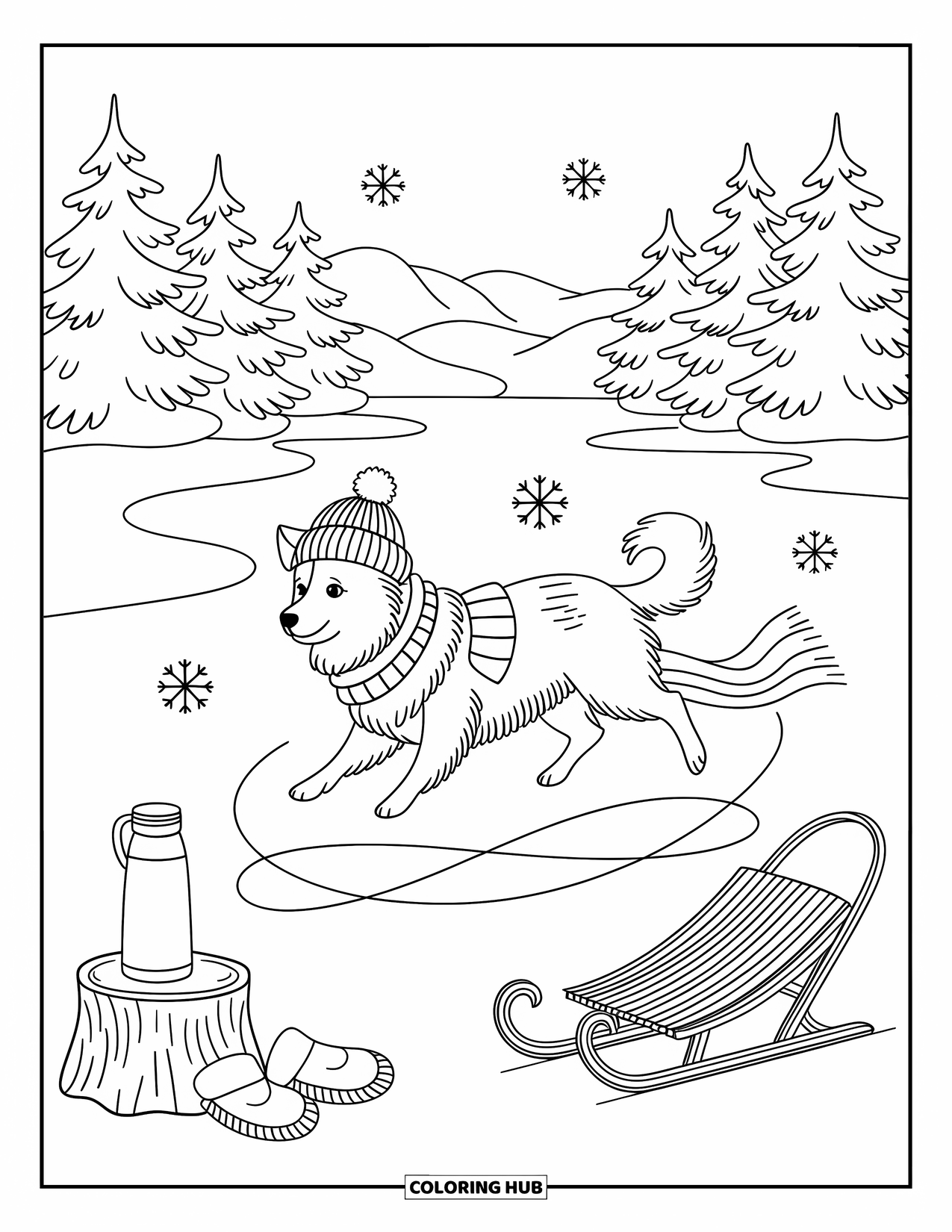Christmas Dog Coloring Page for Adults: A Border Collie glides joyfully on a frozen pond with snowflakes swirling