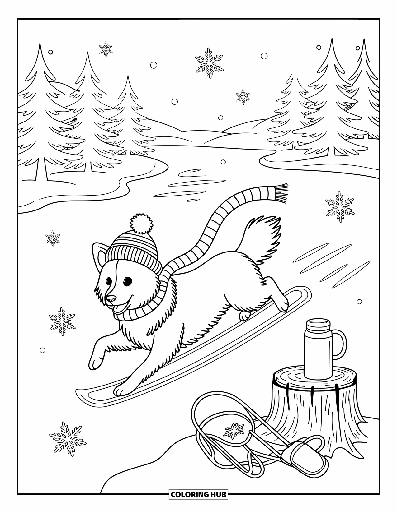 Christmas Dog Coloring Page for Adults: A Border Collie skates on a pond with mittens and sled nearby