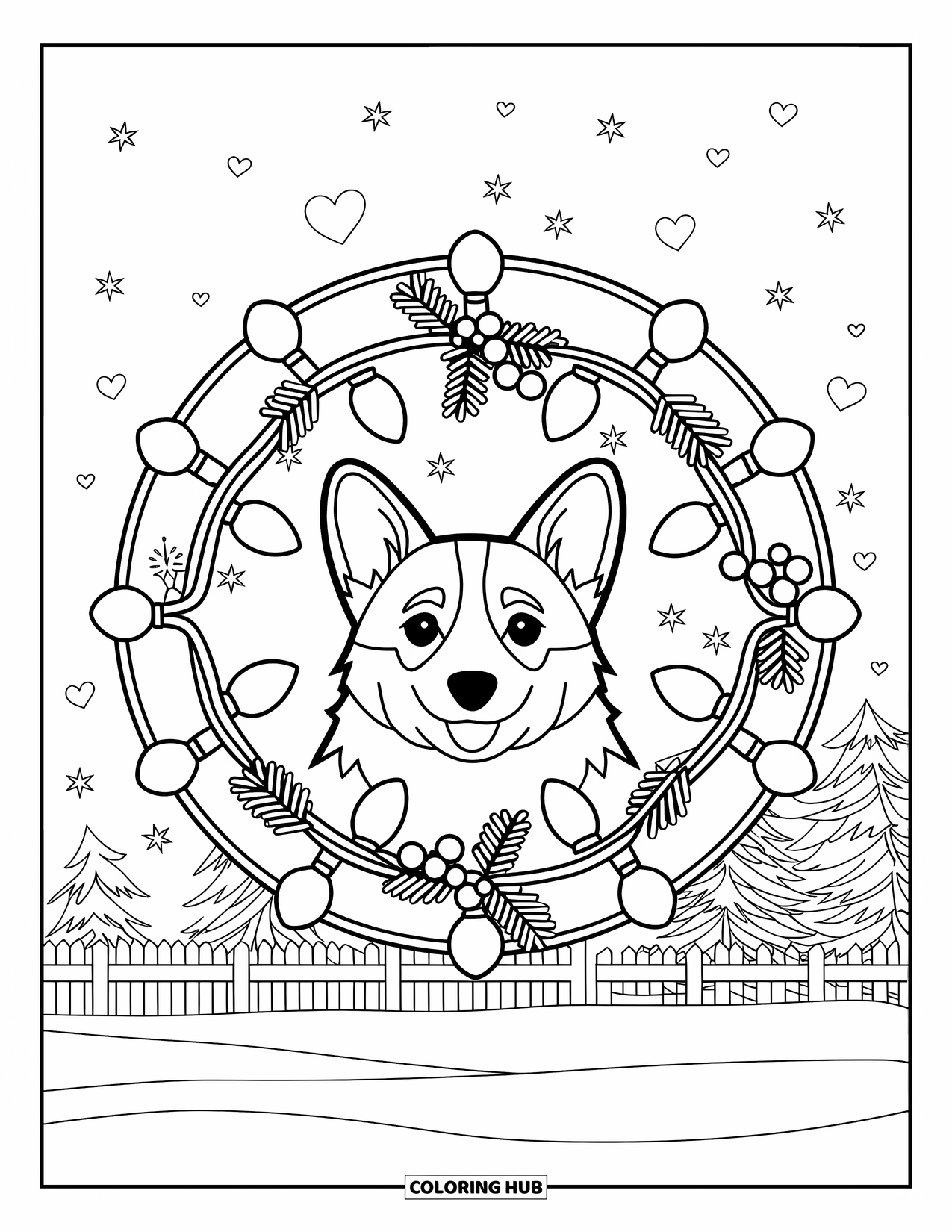 Christmas Dog Coloring Page for Adults: A Corgi face framed by lights and mistletoe with stars and hearts