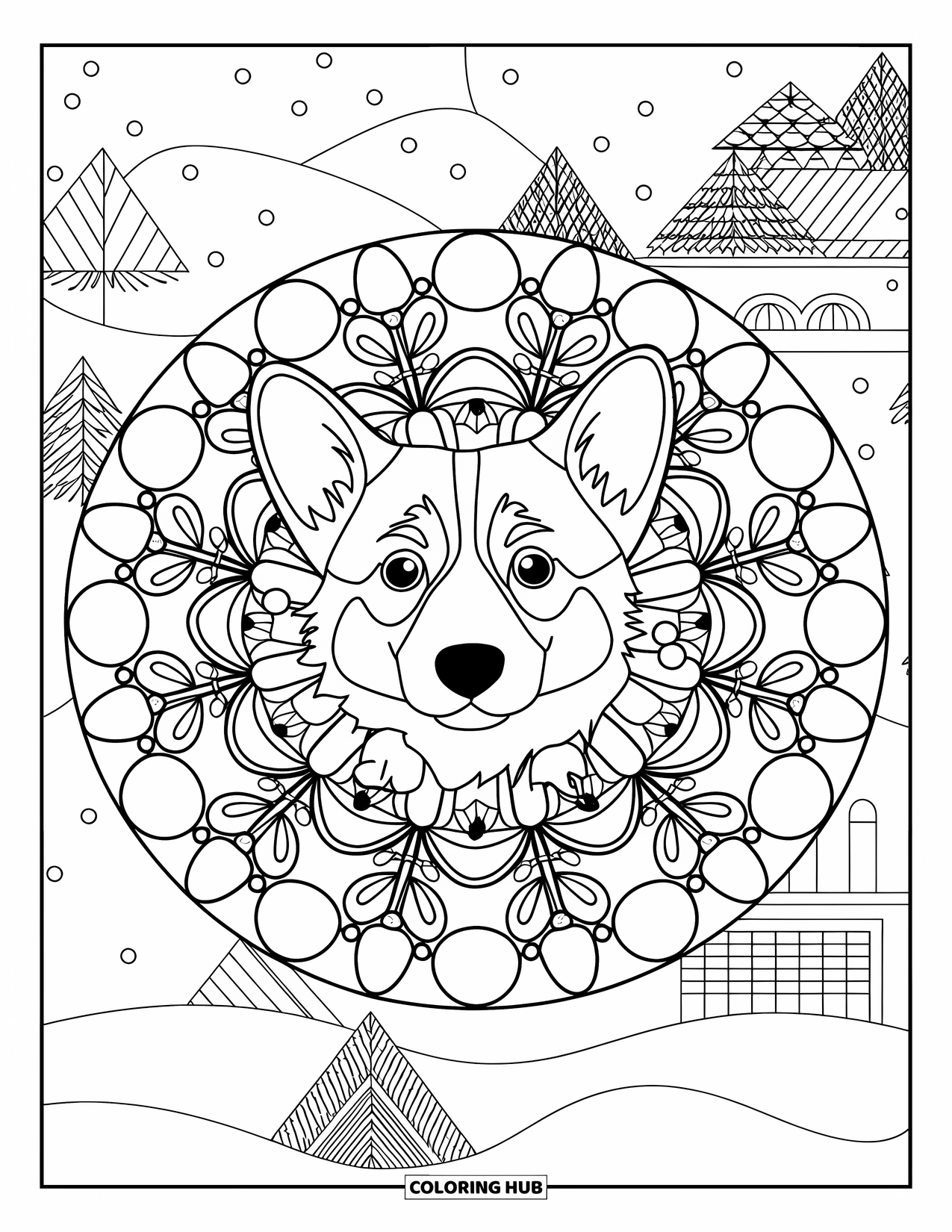 Christmas Dog Coloring Page for Adults: A Corgi face in a mandala of lights and mistletoe with snowy trees