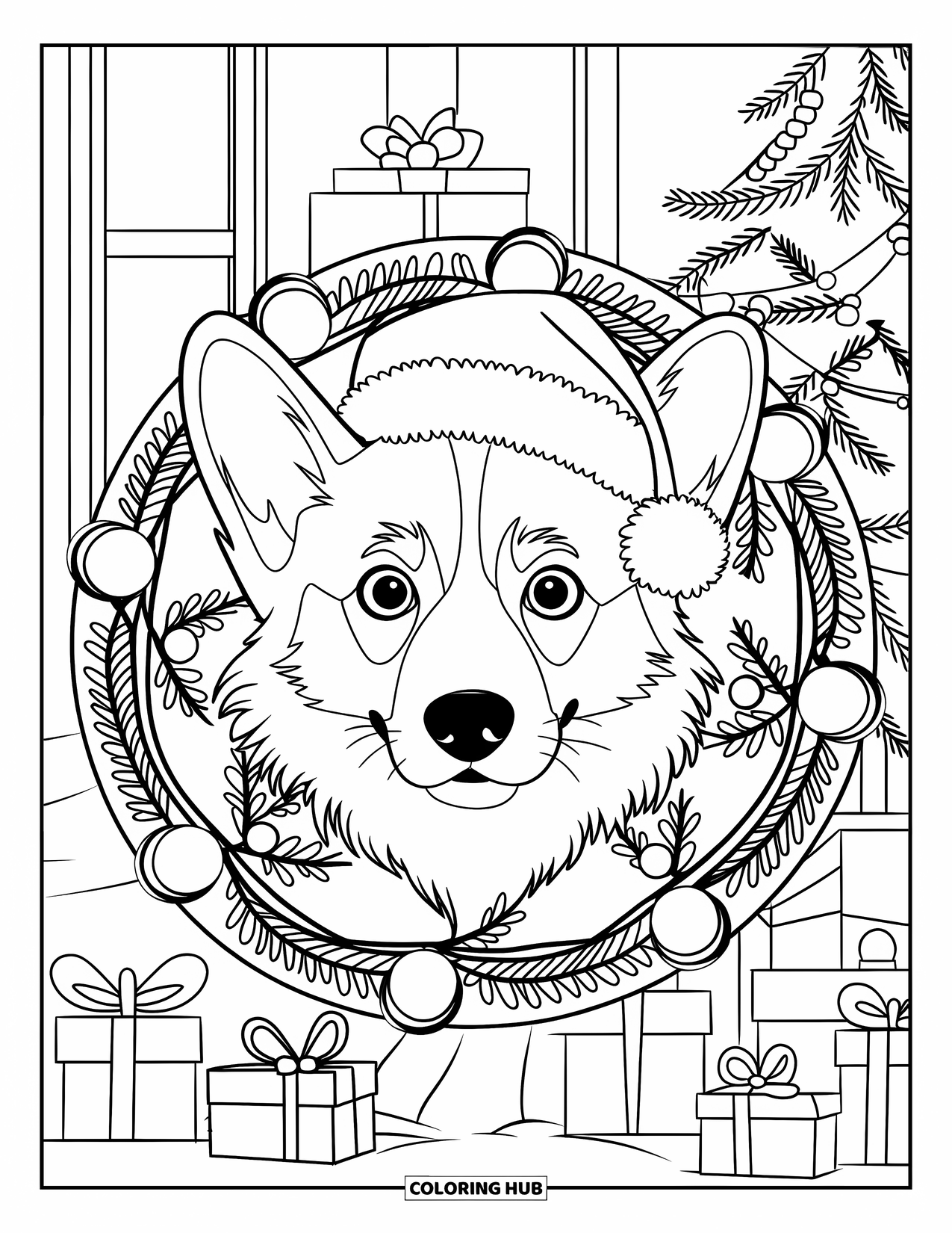 Christmas Dog Coloring Page for Adults: A Corgi in a Santa hat framed by lights and mistletoe mandala