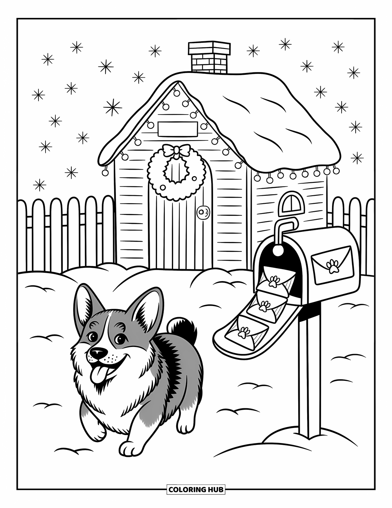 Christmas Dog Coloring Page for Adults: A Corgi walks toward a cozy doghouse with lights and a mailbox