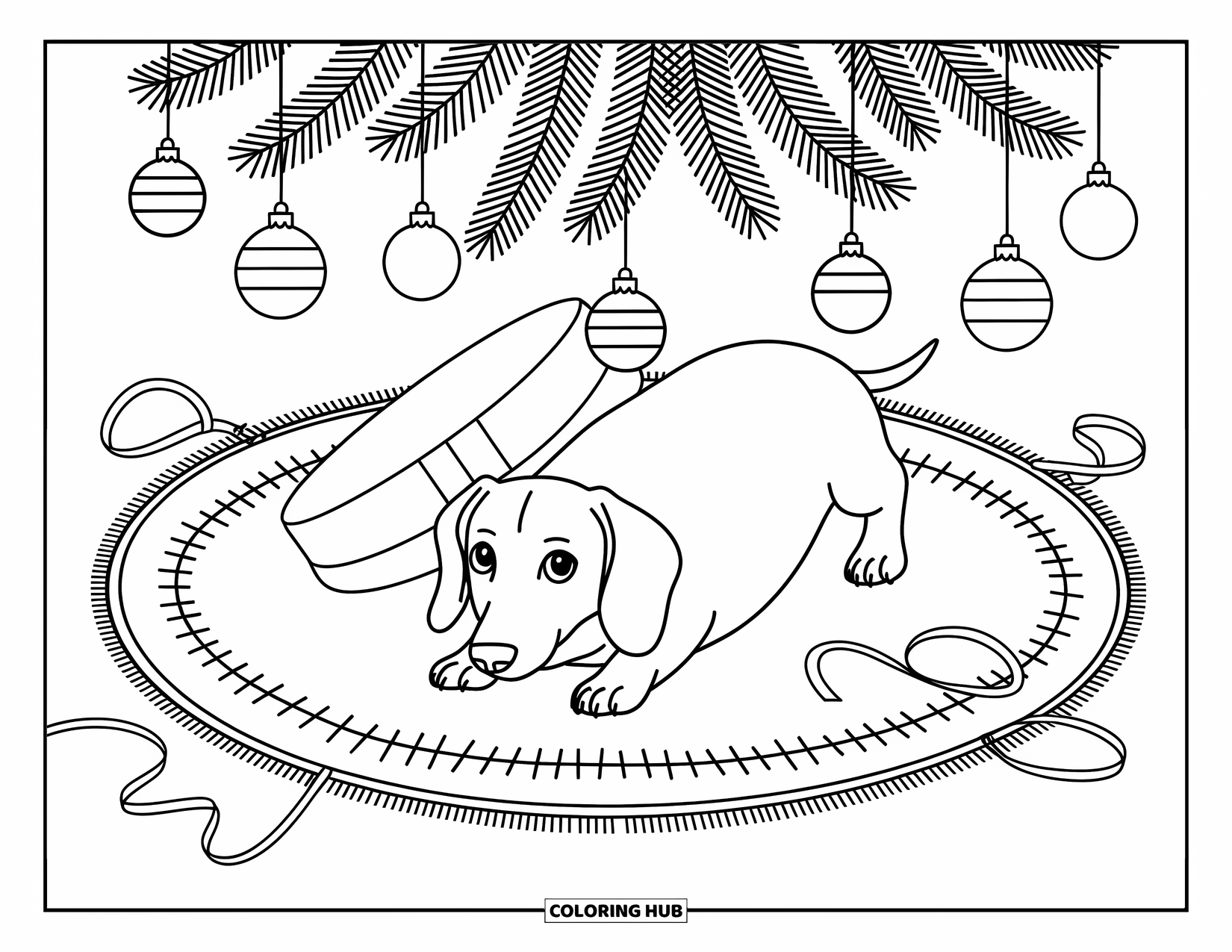Christmas Dog Coloring Page for Adults: A curious Dachshund peeks out from under a Christmas tree skirt