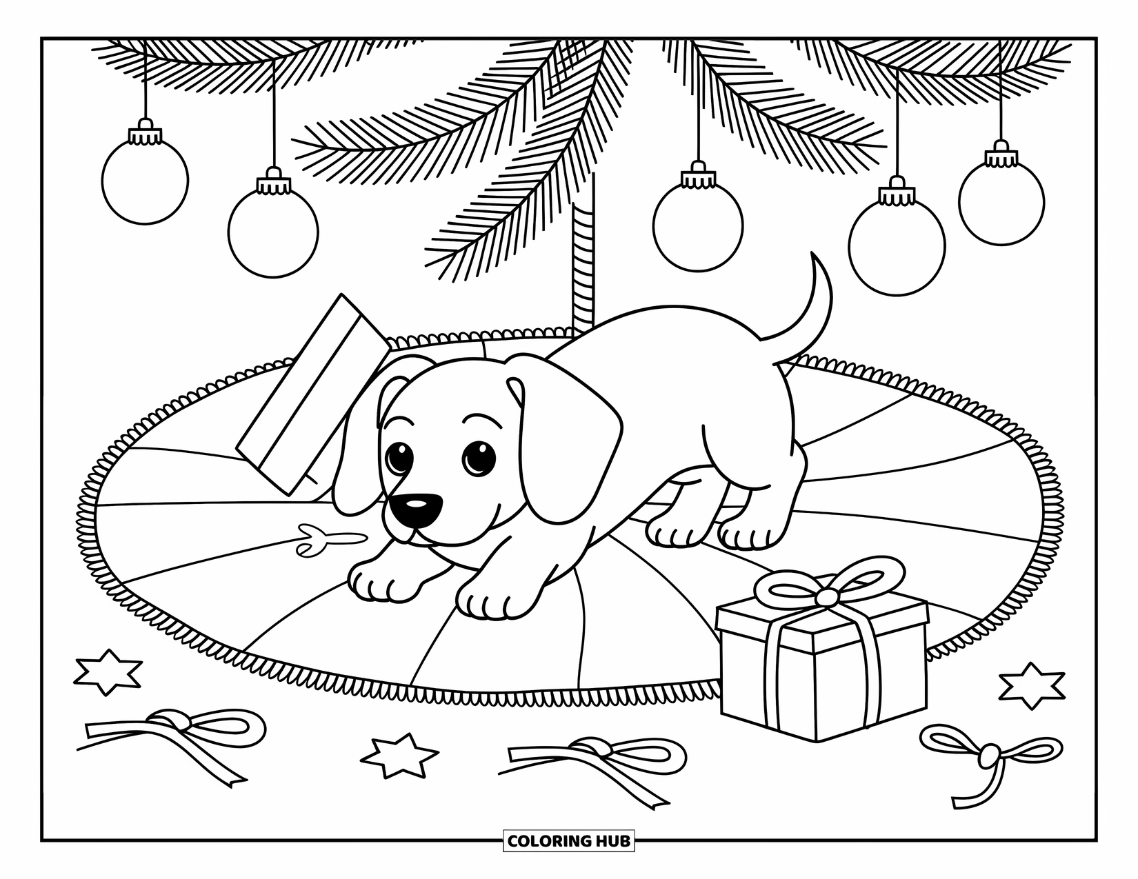 Christmas Dog Coloring Page for Adults: A Dachshund peeks from under a tree skirt near scattered ornaments
