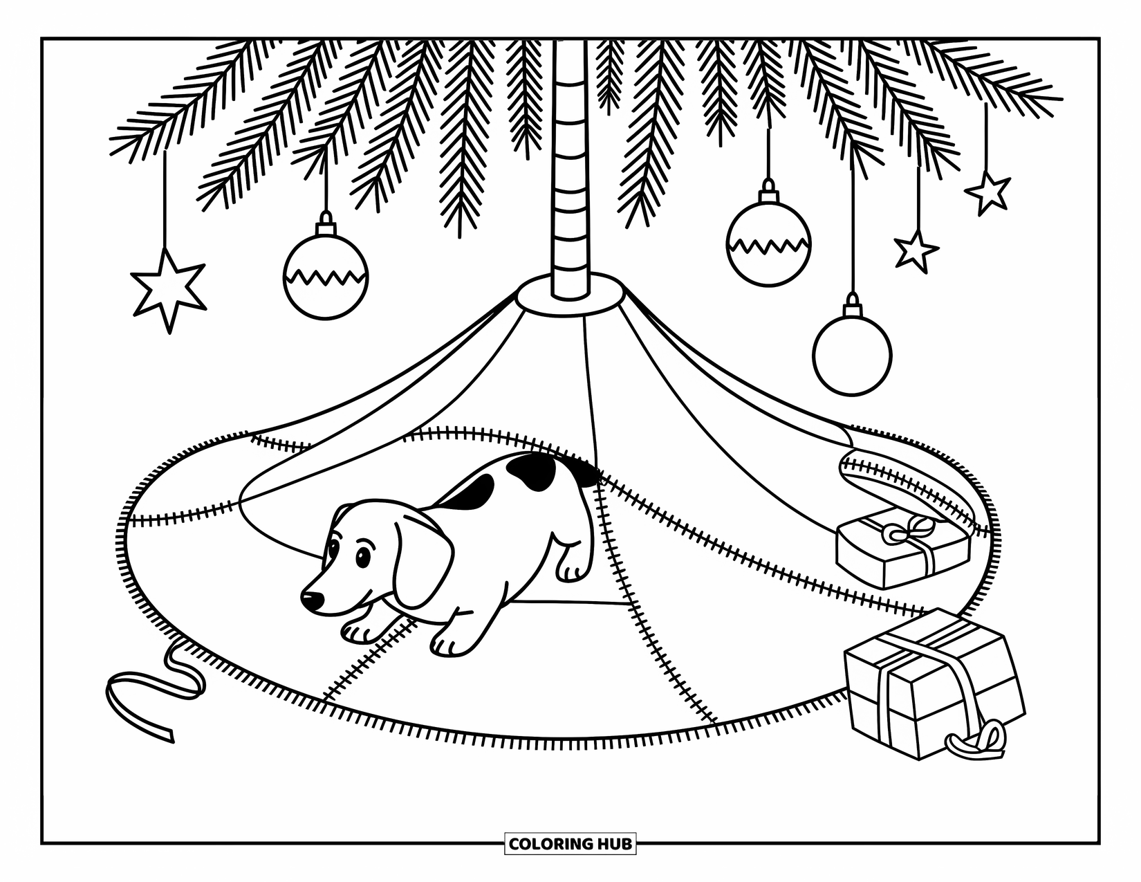 Christmas Dog Coloring Page for Adults: A Dachshund playfully hides beneath a tree skirt with ribbons scattered nearby