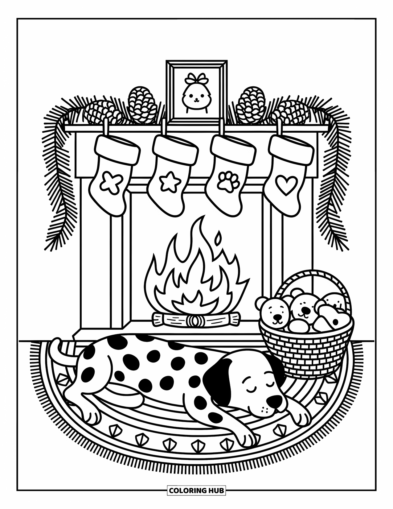 Christmas Dog Coloring Page for Adults: A Dalmatian relaxes by the fireplace with stockings and garlands overhead