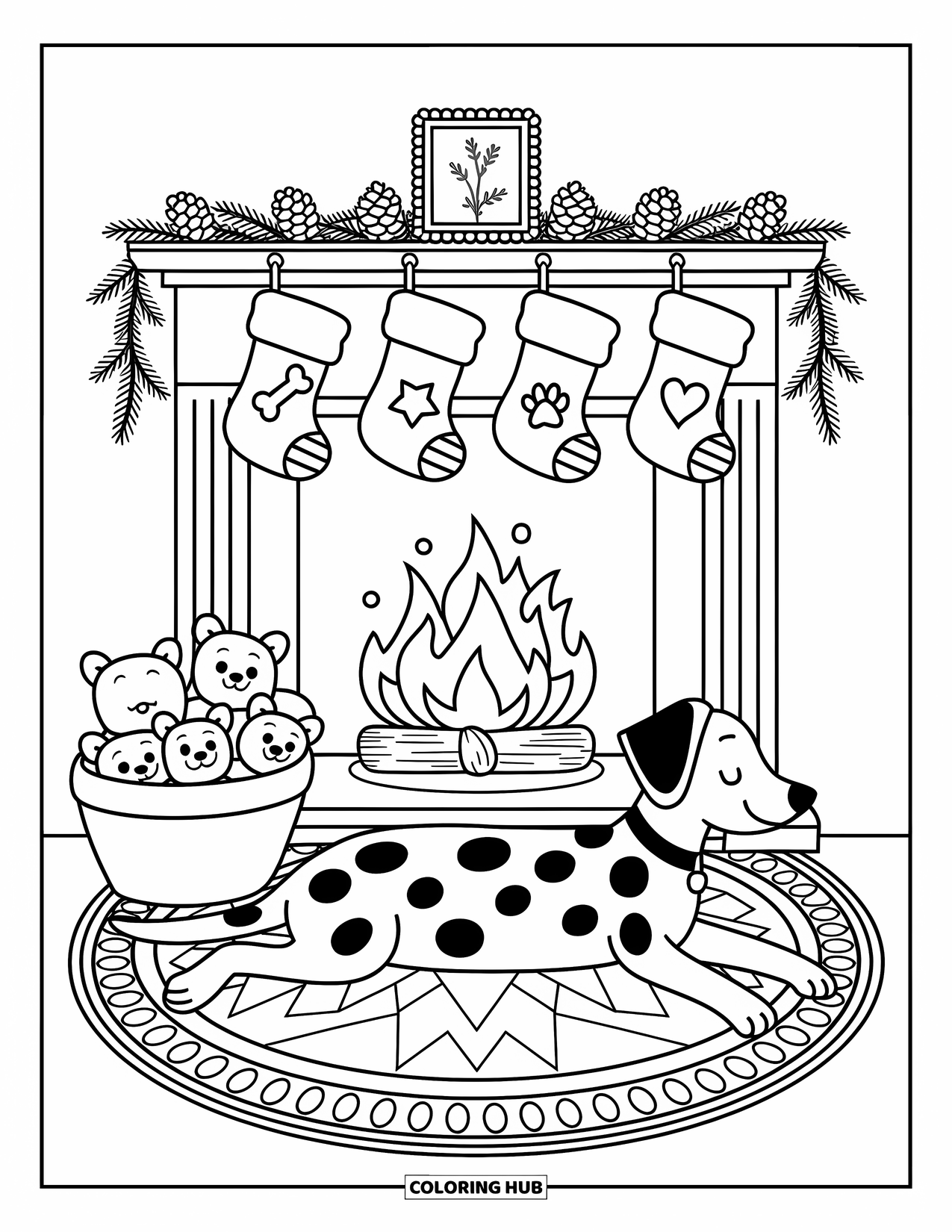 Christmas Dog Coloring Page for Adults: A Dalmatian sprawls on a rug near the fire with stockings above