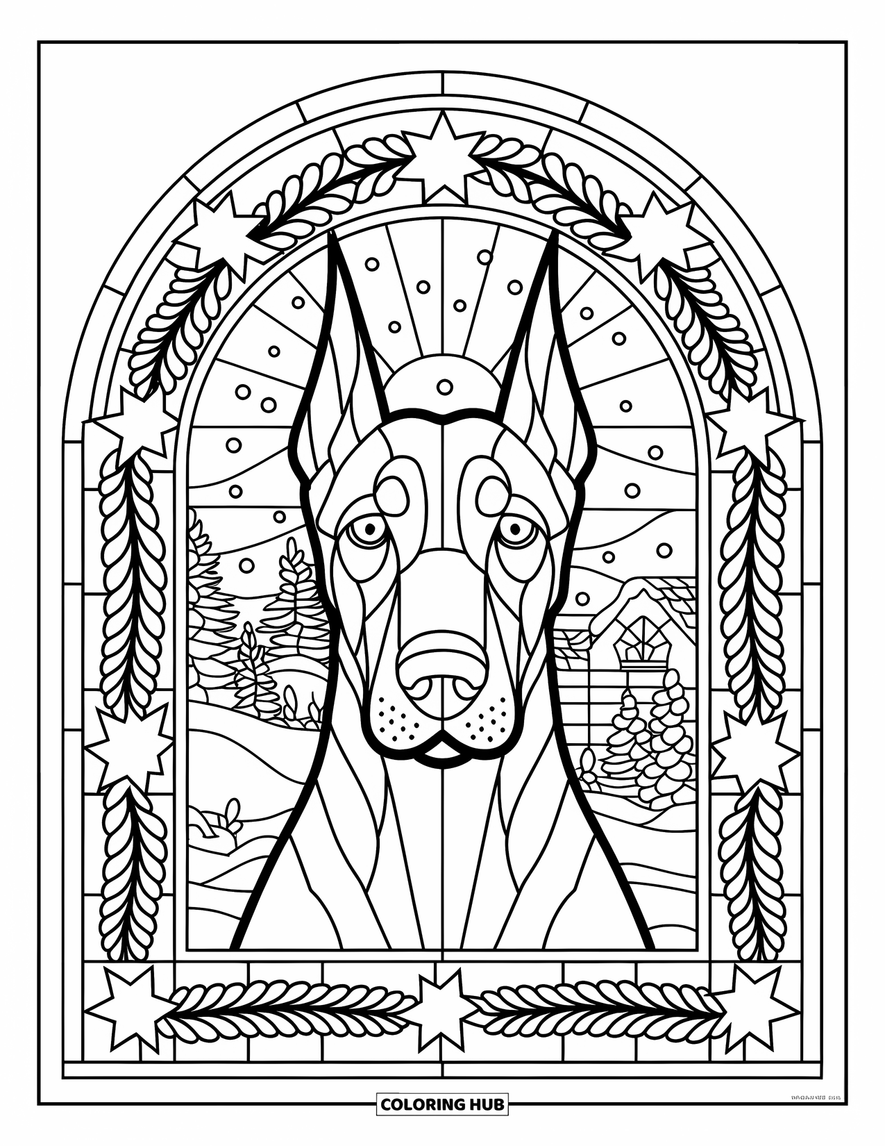 Christmas Dog Coloring Page for Adults: A Doberman face centered in a stained glass of garlands and stars