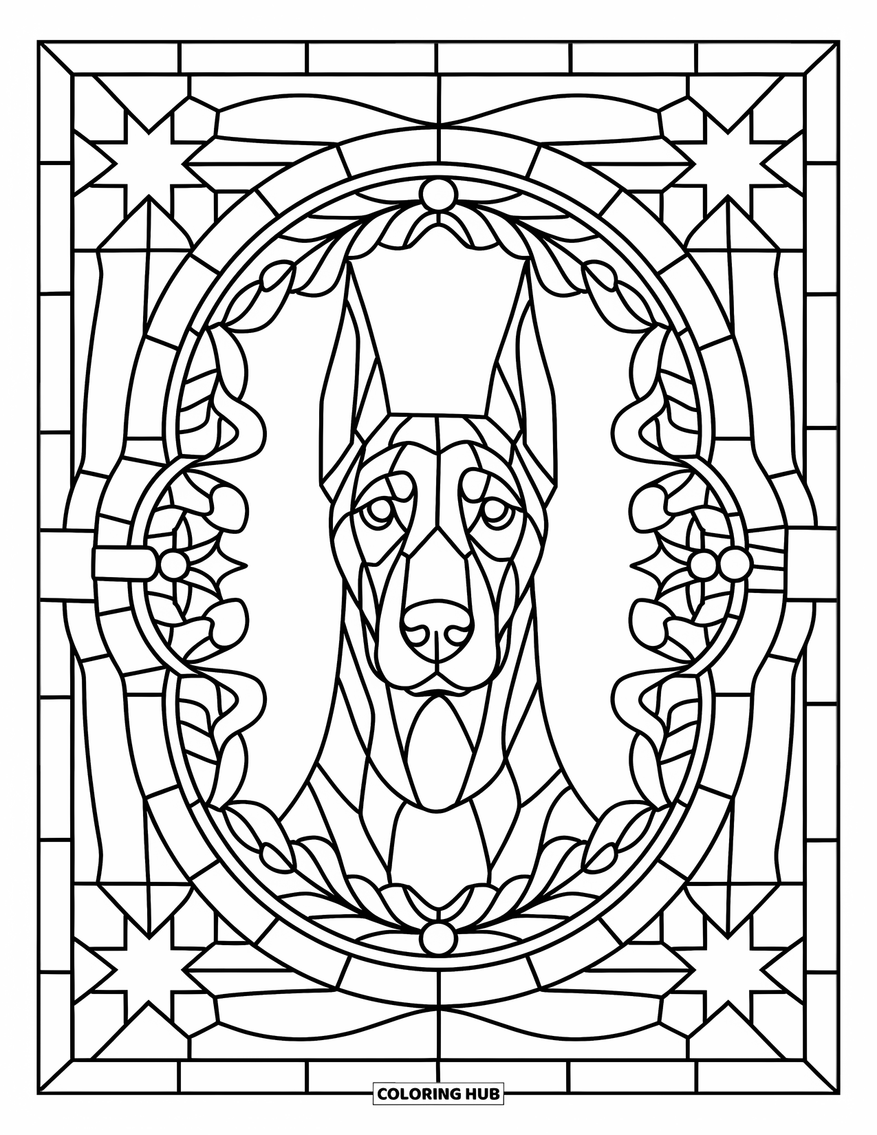 Christmas Dog Coloring Page for Adults: A Doberman face in a stained glass window of garlands and winter stars