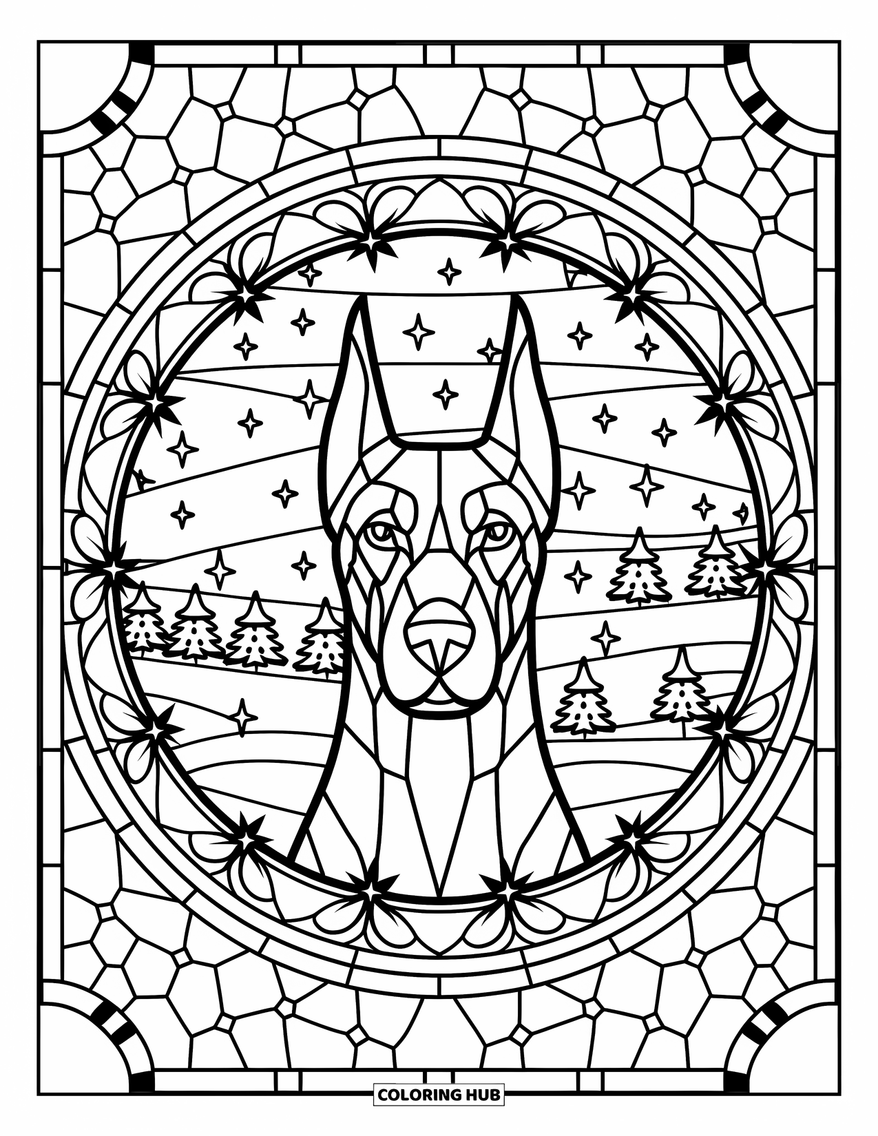 Christmas Dog Coloring Page for Adults: A Doberman face surrounded by stained glass garlands and winter stars