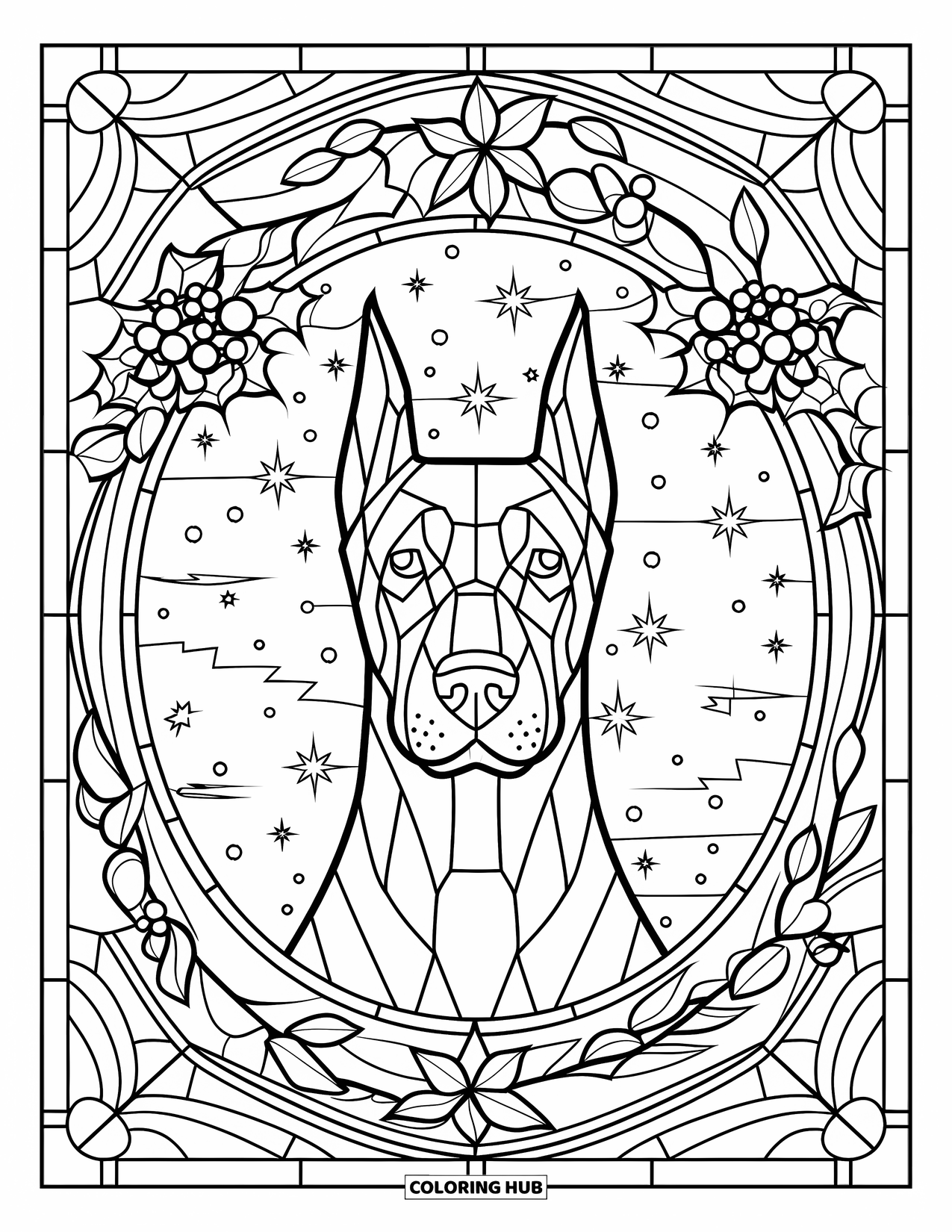 Christmas Dog Coloring Page for Adults: A Doberman framed in stained glass garlands and stars on a white sky