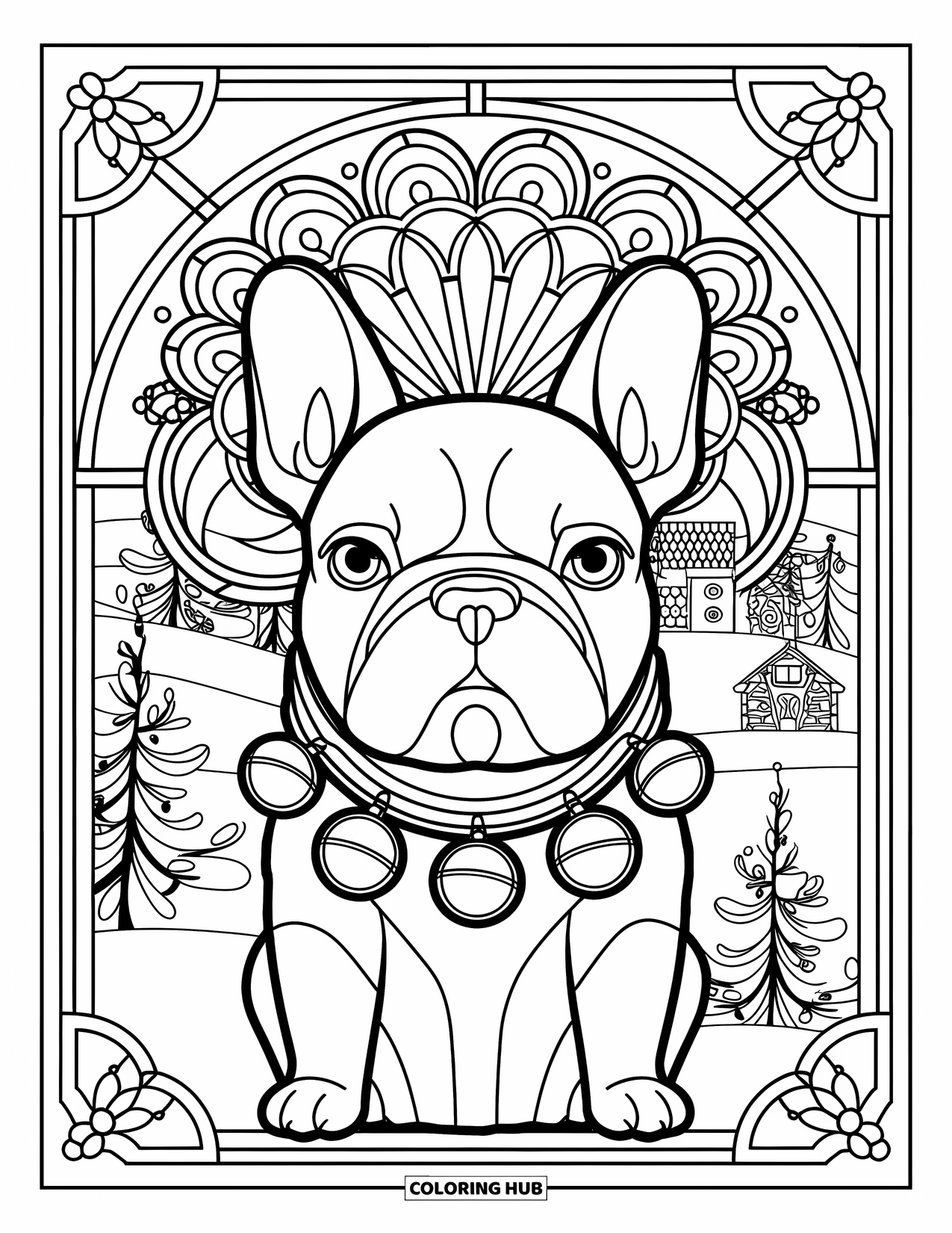 Christmas Dog Coloring Page for Adults: A French Bulldog face in a stained glass wreath with snowy trees behind