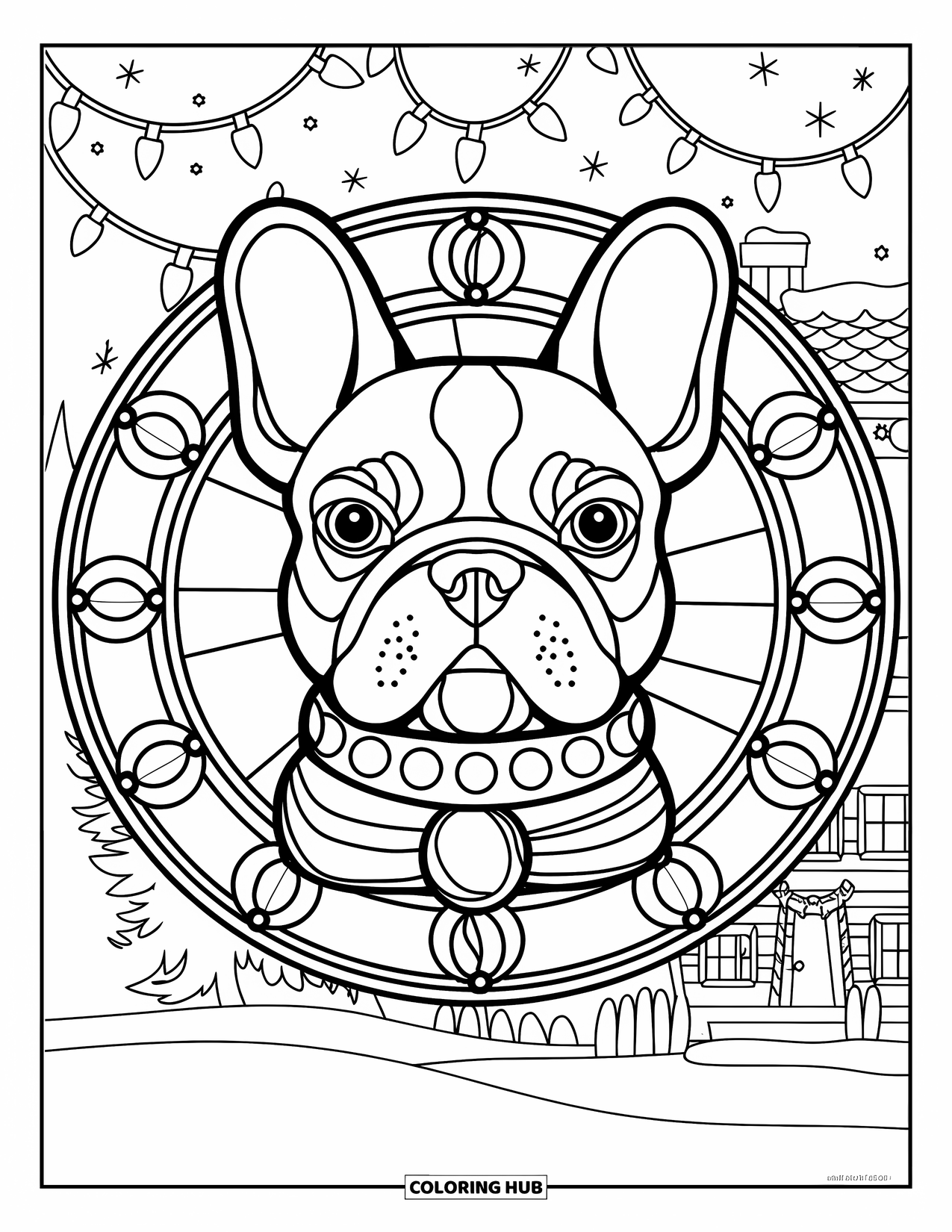 Christmas Dog Coloring Page for Adults: A French Bulldog face with a bell collar framed by stained glass and lights