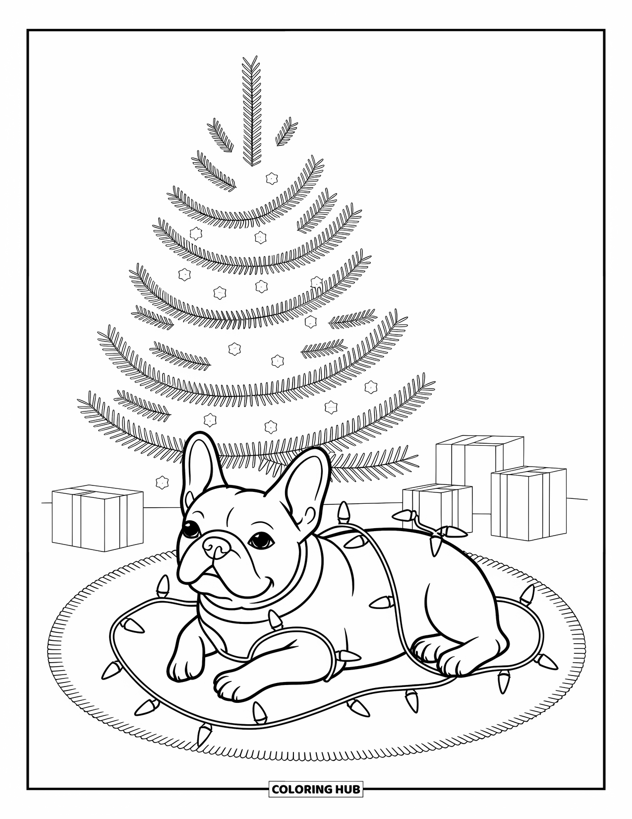 Christmas Dog Coloring Page for Adults: A French Bulldog rests on a rug with oversized lights tangled around