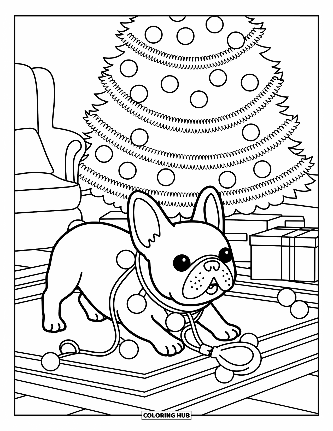 Christmas Dog Coloring Page for Adults: A French Bulldog sits by a tree with lights wrapped around