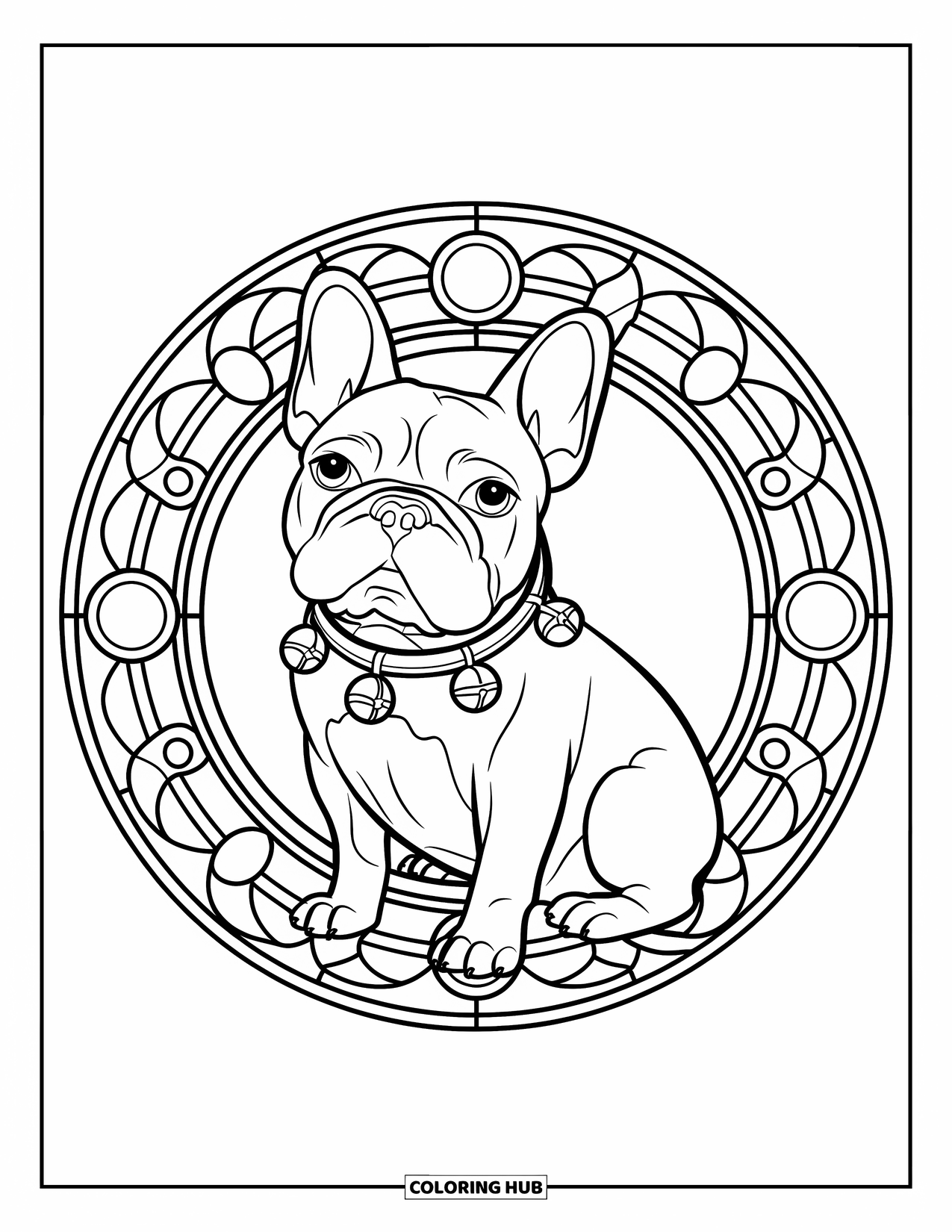 Christmas Dog Coloring Page for Adults: A French Bulldog with a jingle bell collar inside a stained glass wreath