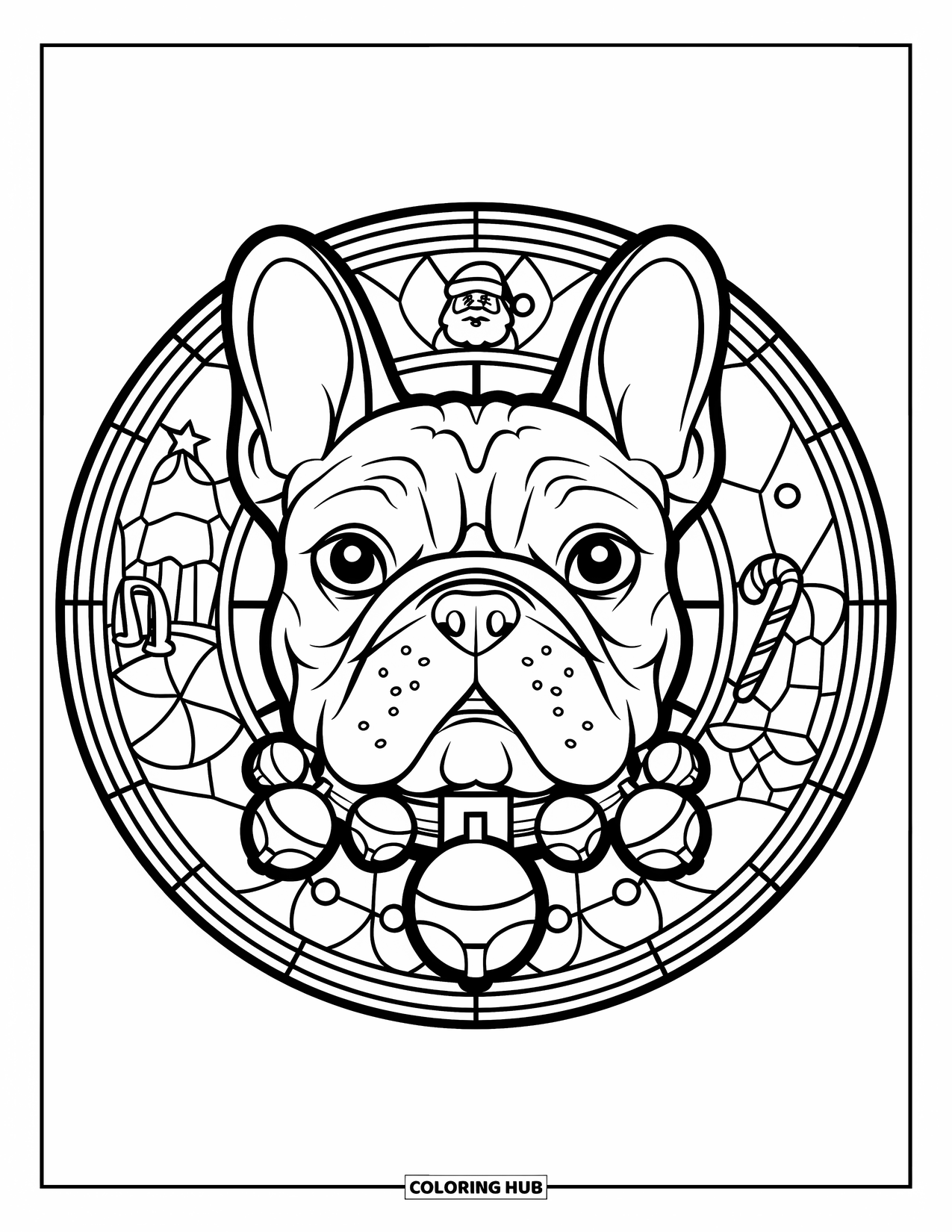 Christmas Dog Coloring Page for Adults: A French Bulldog with bells in a stained glass wreath of Christmas icons