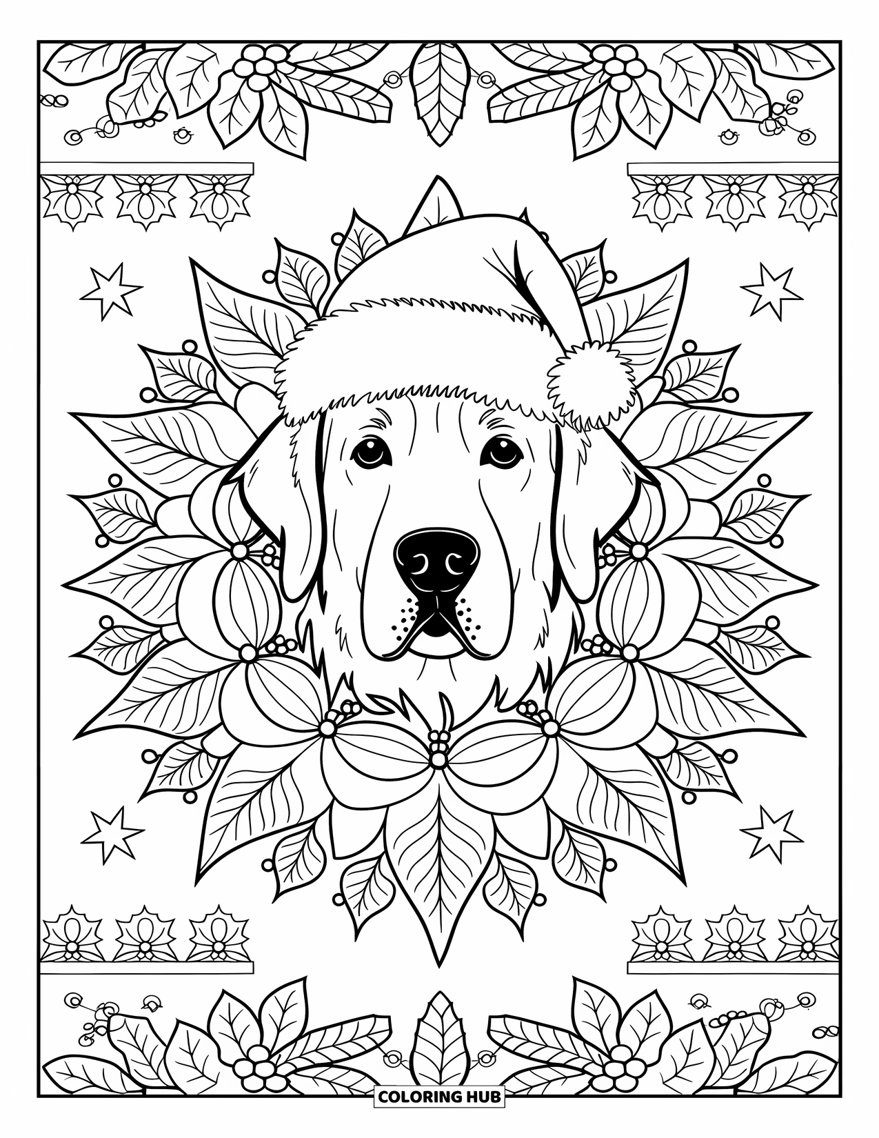 Christmas Dog Coloring Page for Adults: A Golden Retriever face in a poinsettia mandala with holly and stars