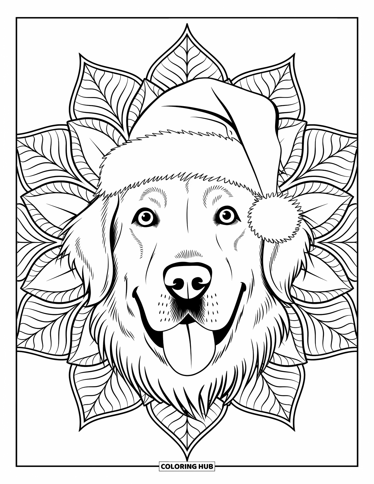Christmas Dog Coloring Page for Adults: A Golden Retriever face in a poinsettia mandala with tongue out