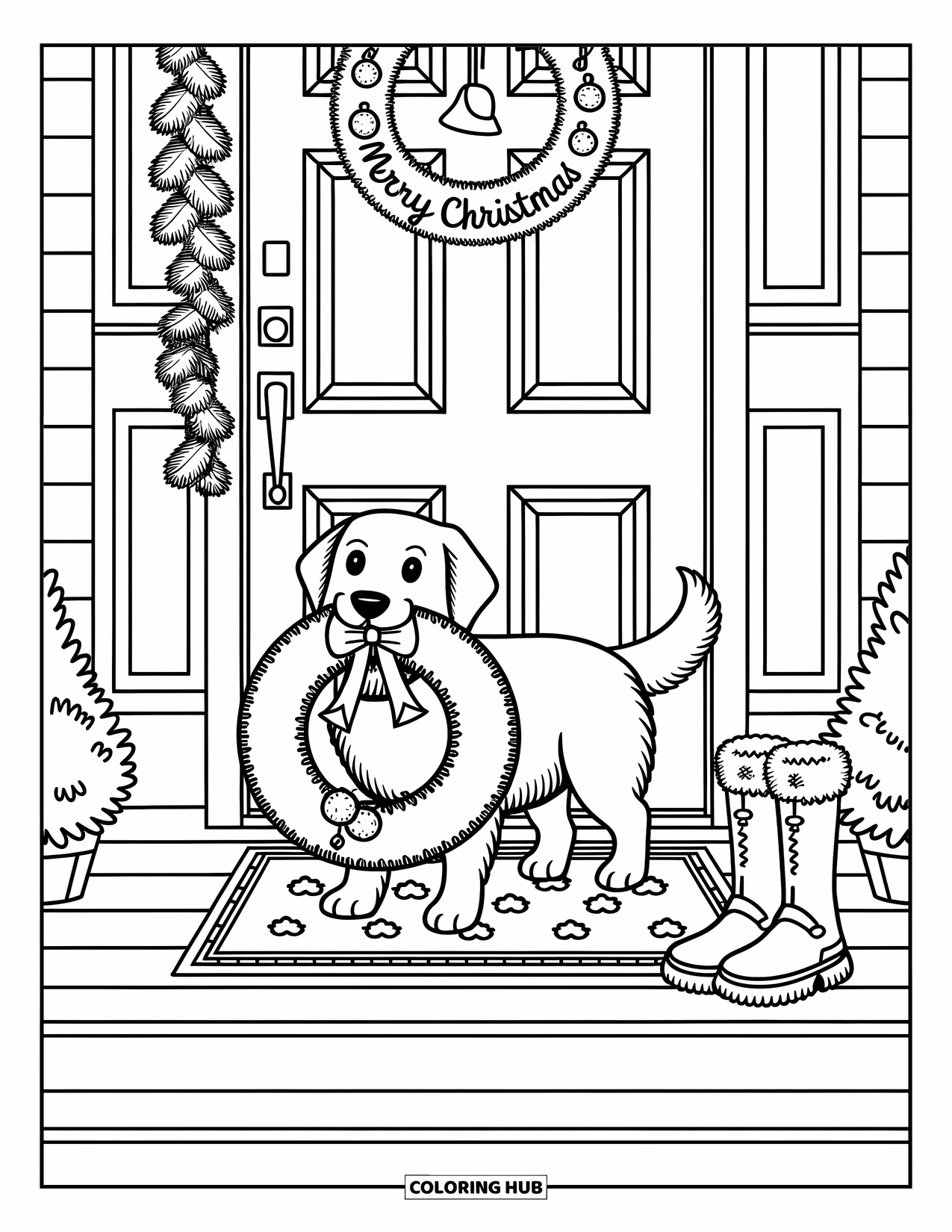Christmas Dog Coloring Page for Adults: A Golden Retriever holds a Christmas wreath on a snowy porch