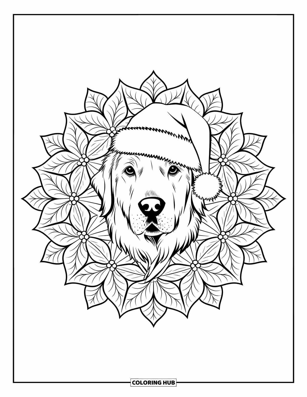 Christmas Dog Coloring Page for Adults: A Golden Retriever in a Santa hat centered in a poinsettia mandala