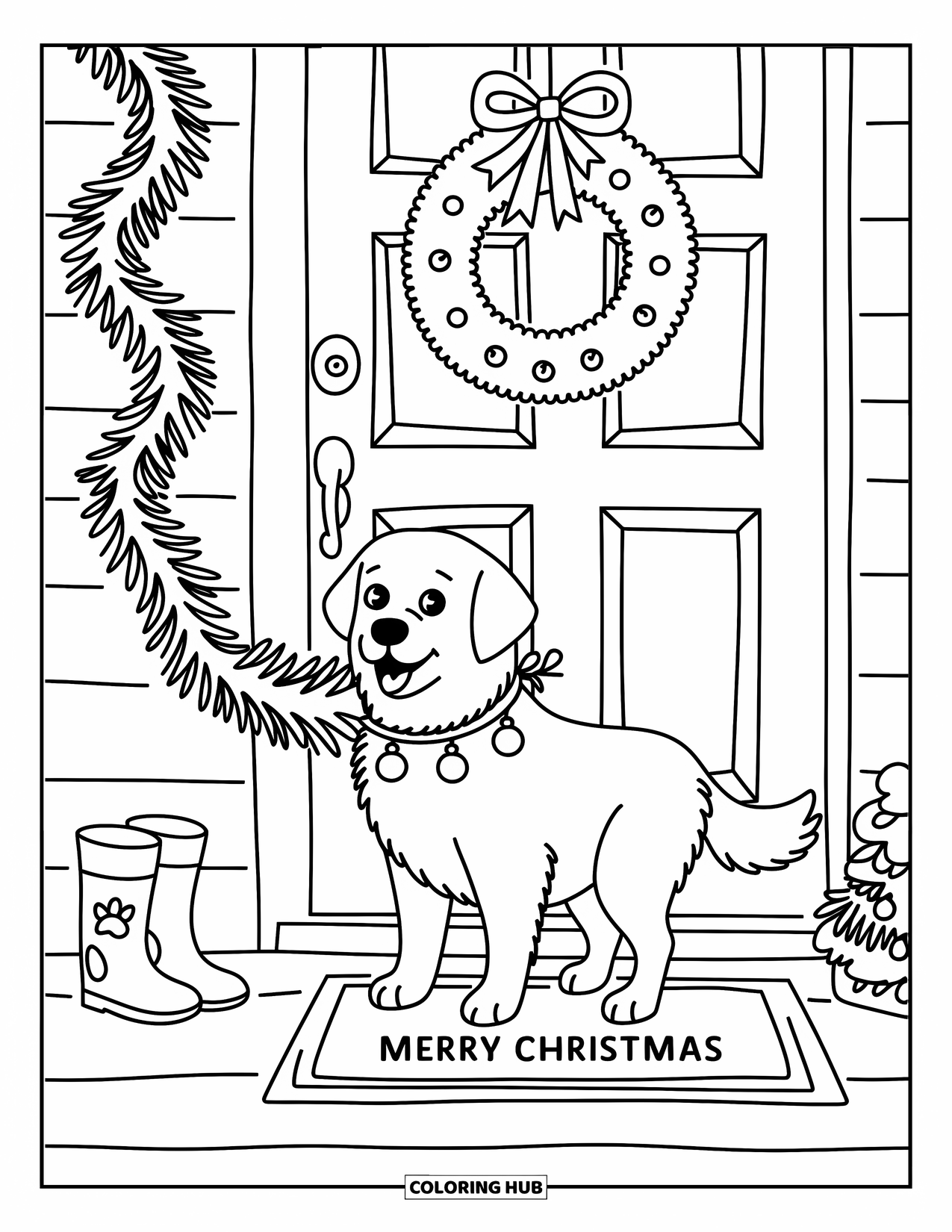 Christmas Dog Coloring Page for Adults: A Golden Retriever stands proudly on a porch with a wreath in its mouth