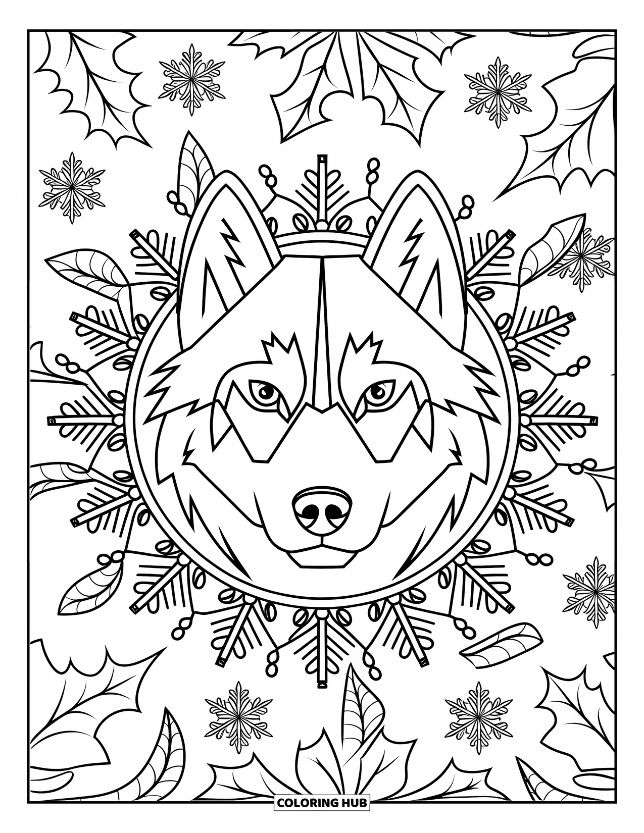 Christmas Dog Coloring Page for Adults: A Husky face framed by a mandala of snowflakes and holly leaves