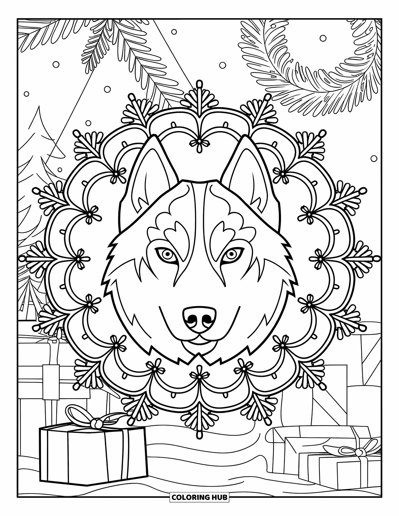 Christmas Dog Coloring Page for Adults: A Husky face in a mandala with snowflakes, holly, and Christmas decorations