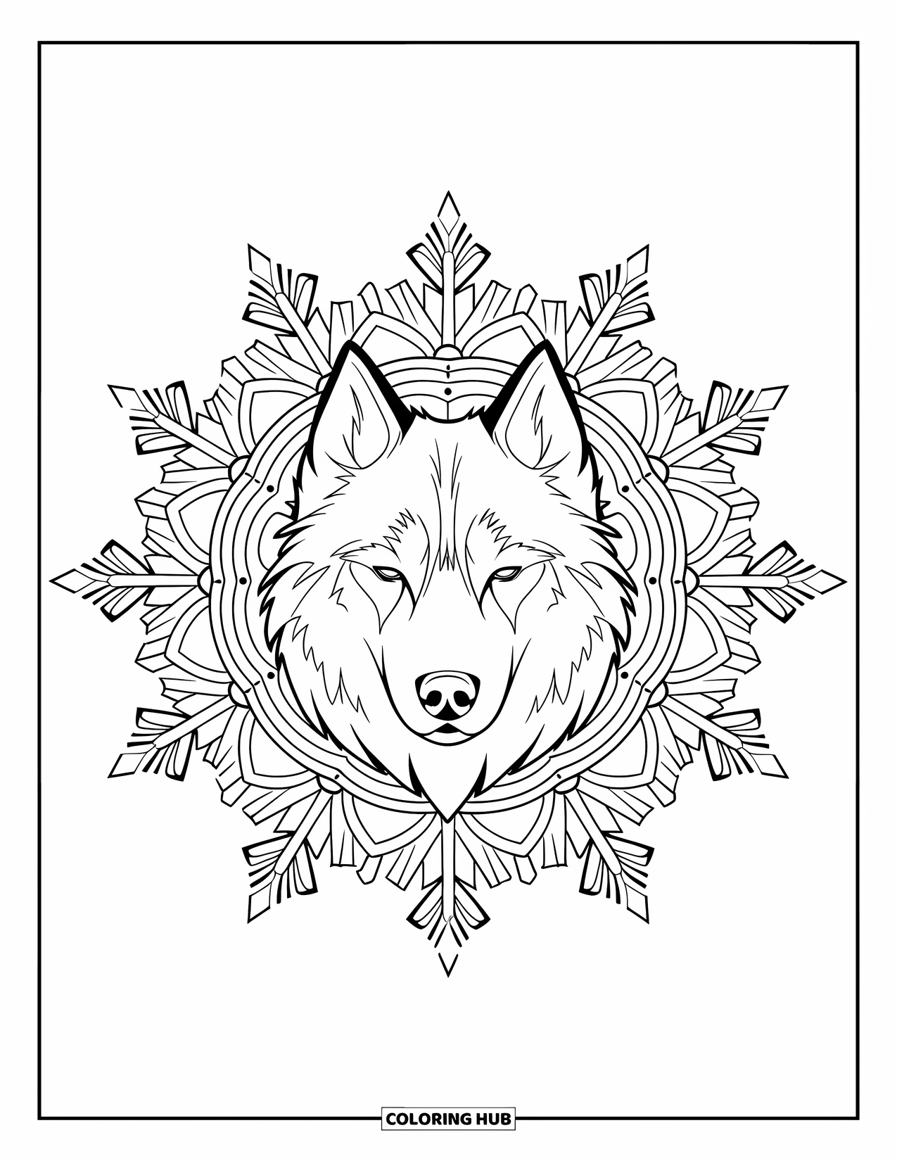 Christmas Dog Coloring Page for Adults: A Husky face in a snowflake and holly mandala with closed eyes