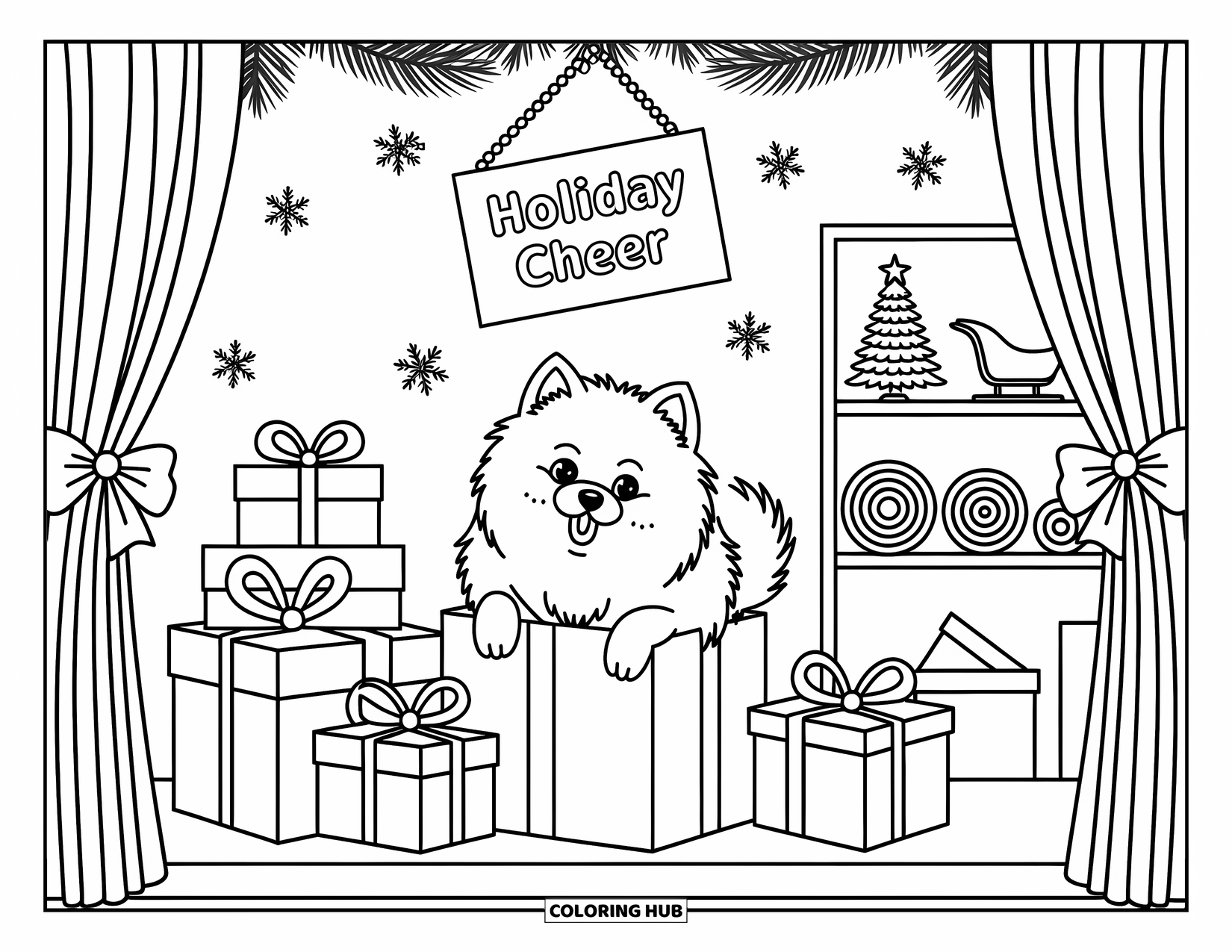 Christmas Dog Coloring Page for Adults: A Pomeranian peeks from a gift box in a holiday storefront