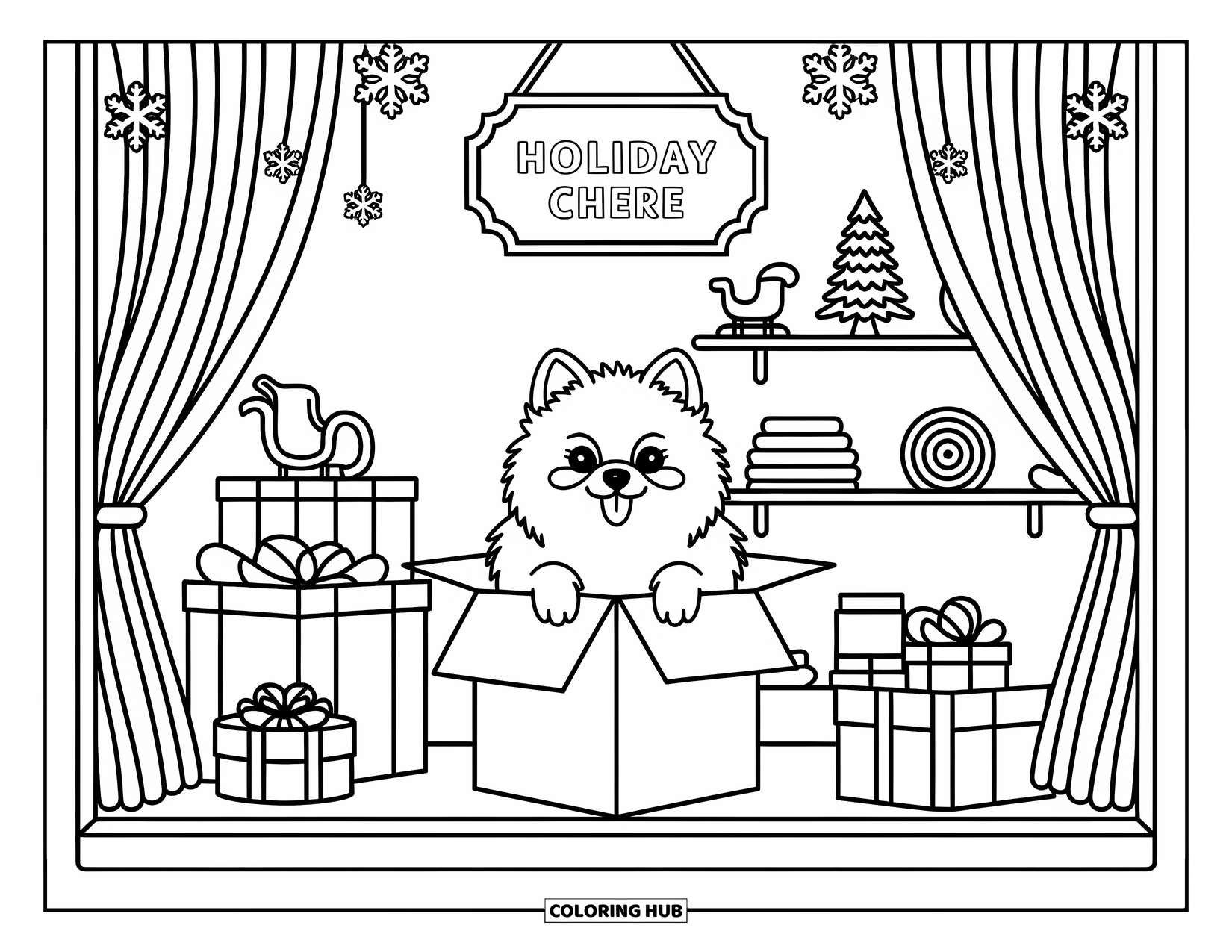 Christmas Dog Coloring Page for Adults: A Pomeranian playfully emerges from a box with snowflake curtains behind