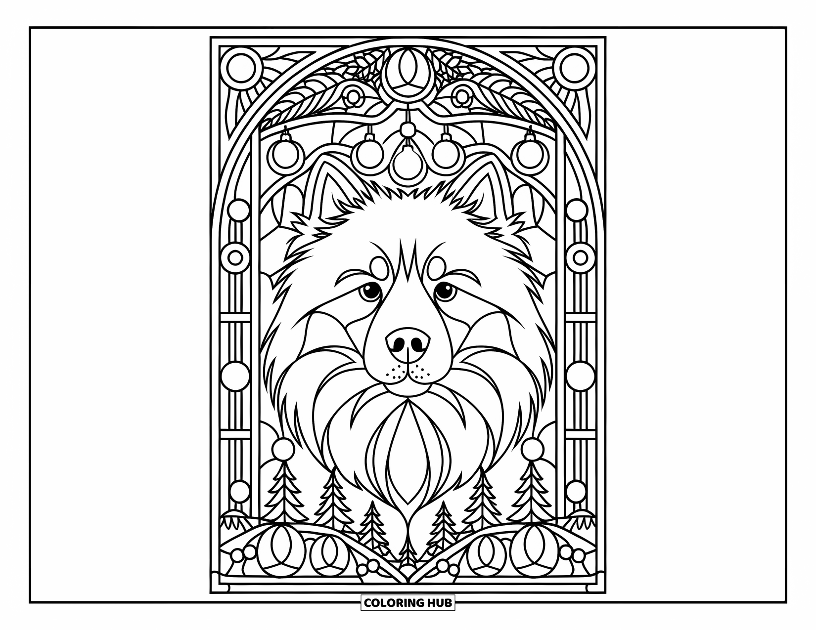 Christmas Dog Coloring Page for Adults: A Samoyed face framed by intricate stained glass baubles and fir trees