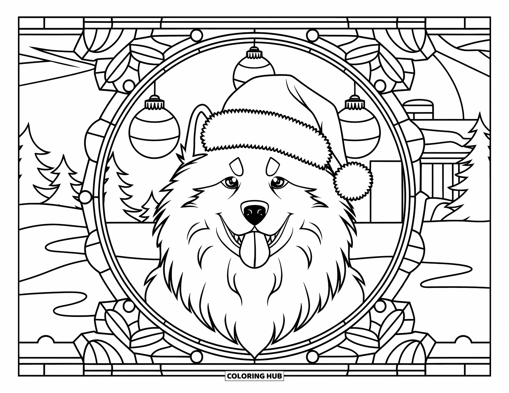 Christmas Dog Coloring Page for Adults: A Samoyed in a Santa hat surrounded by stained glass baubles and fir trees