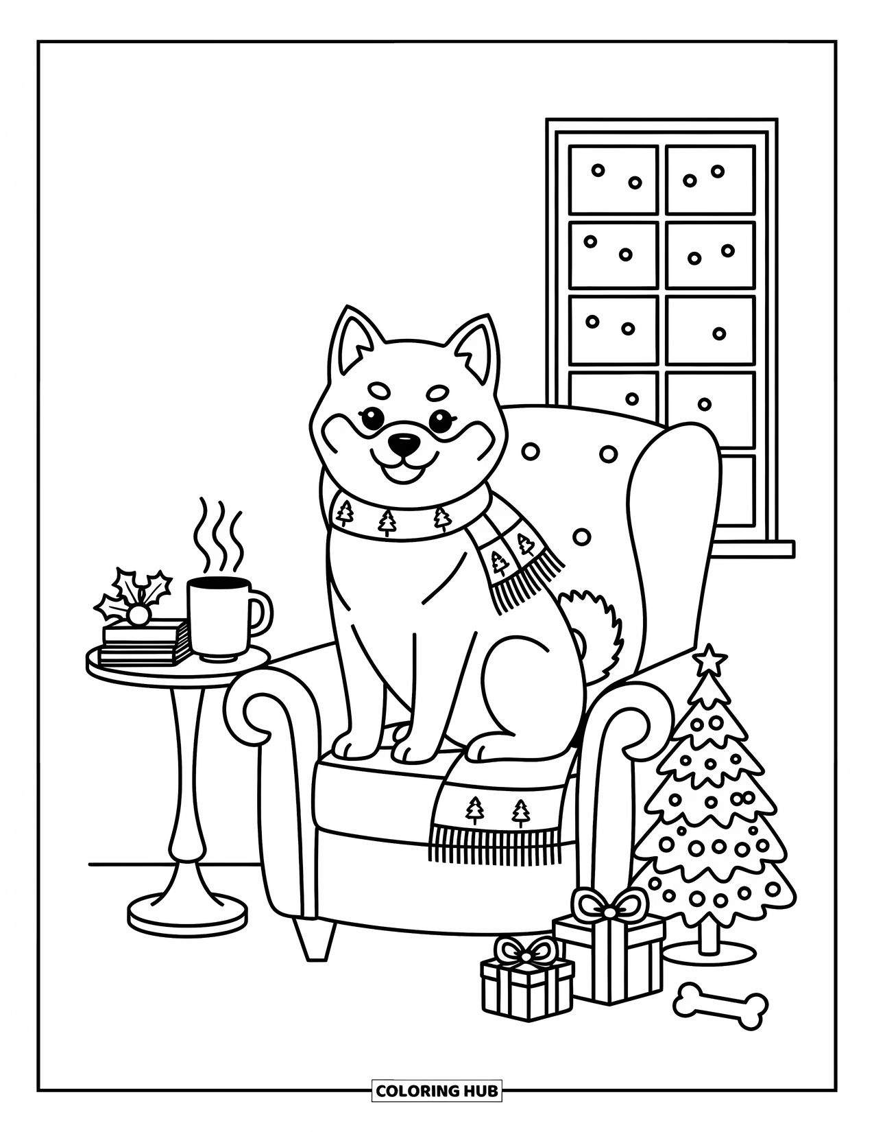 Christmas Dog Coloring Page for Adults: A Shiba Inu lounges on a chair near a window with falling snow