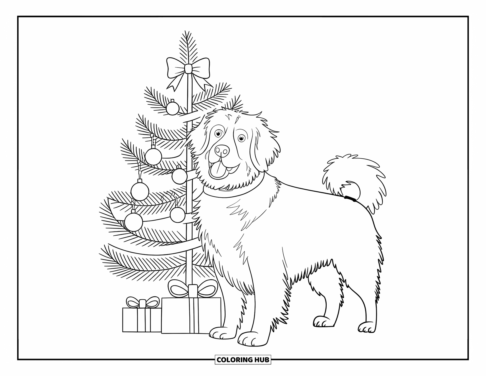 Christmas Dog Coloring Page for Kids: A Bernese Mountain Dog with a collar stands by a decorated tree