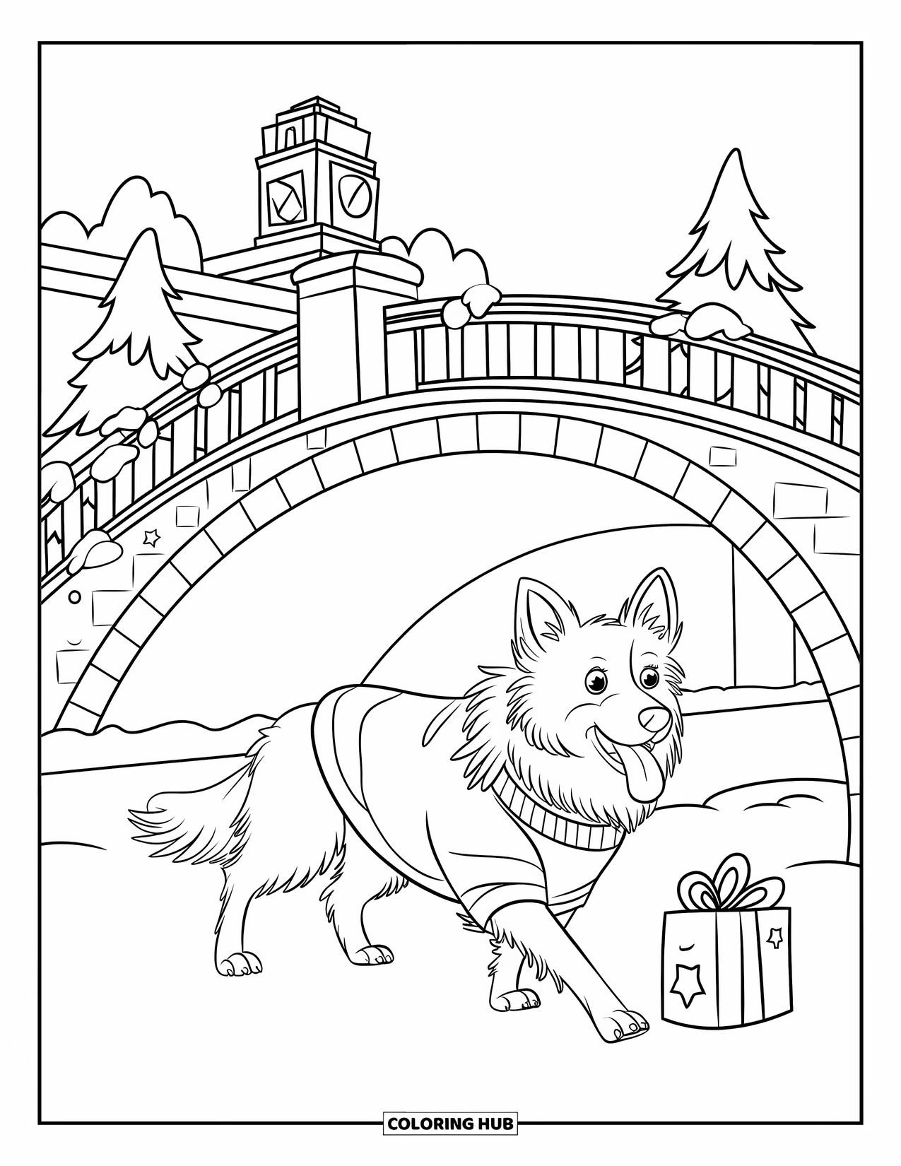 Christmas Dog Coloring Page for Kids: A Border Collie in a sweater walks by a snowy bridge and clock tower