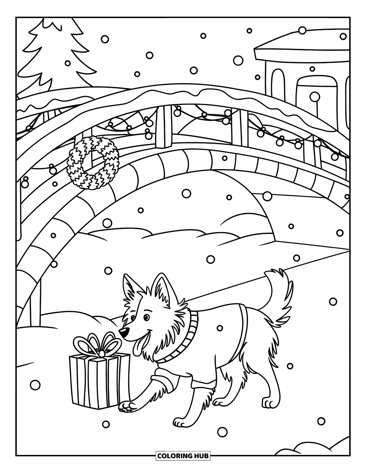 Christmas Dog Coloring Page for Kids: A Border Collie in a sweater walks by a snowy bridge with lights