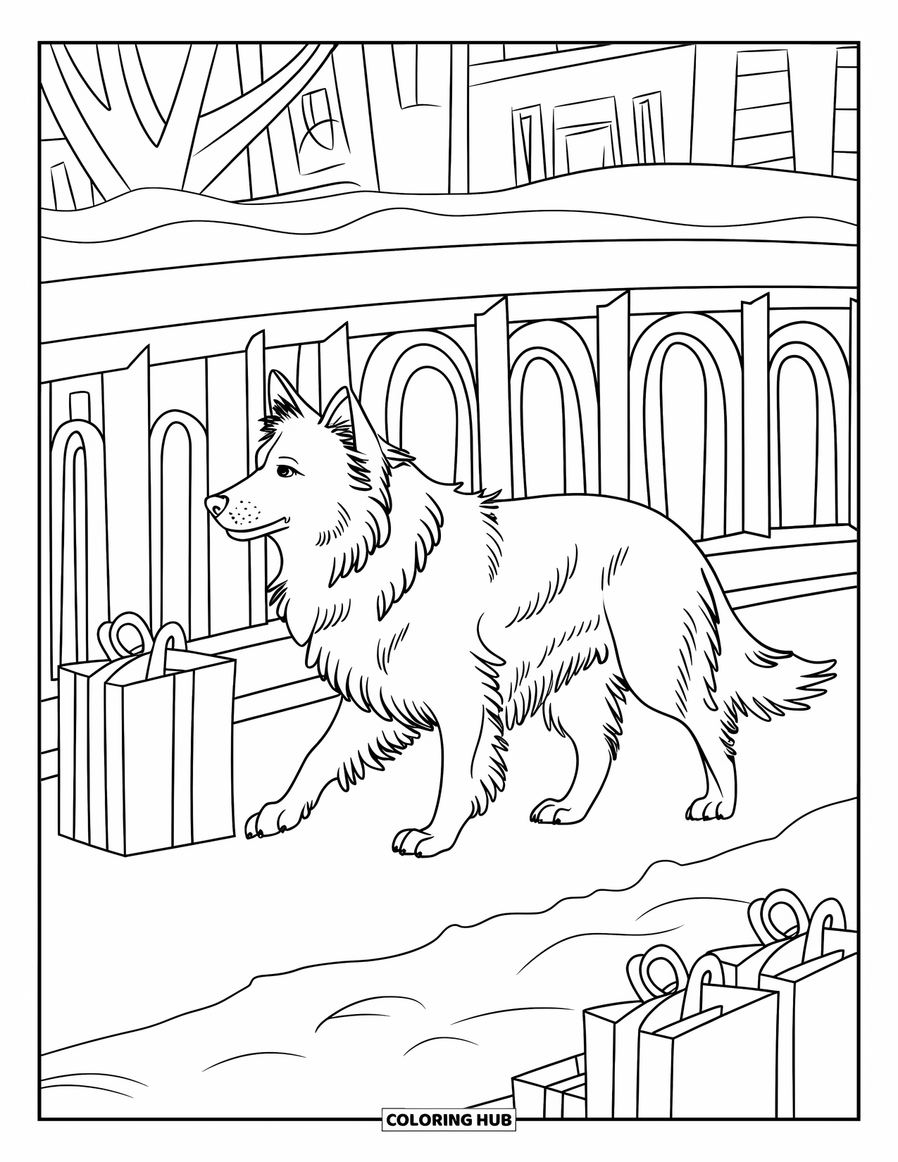 Christmas Dog Coloring Page for Kids: A Border Collie walks beside a snowy bridge with gift bags