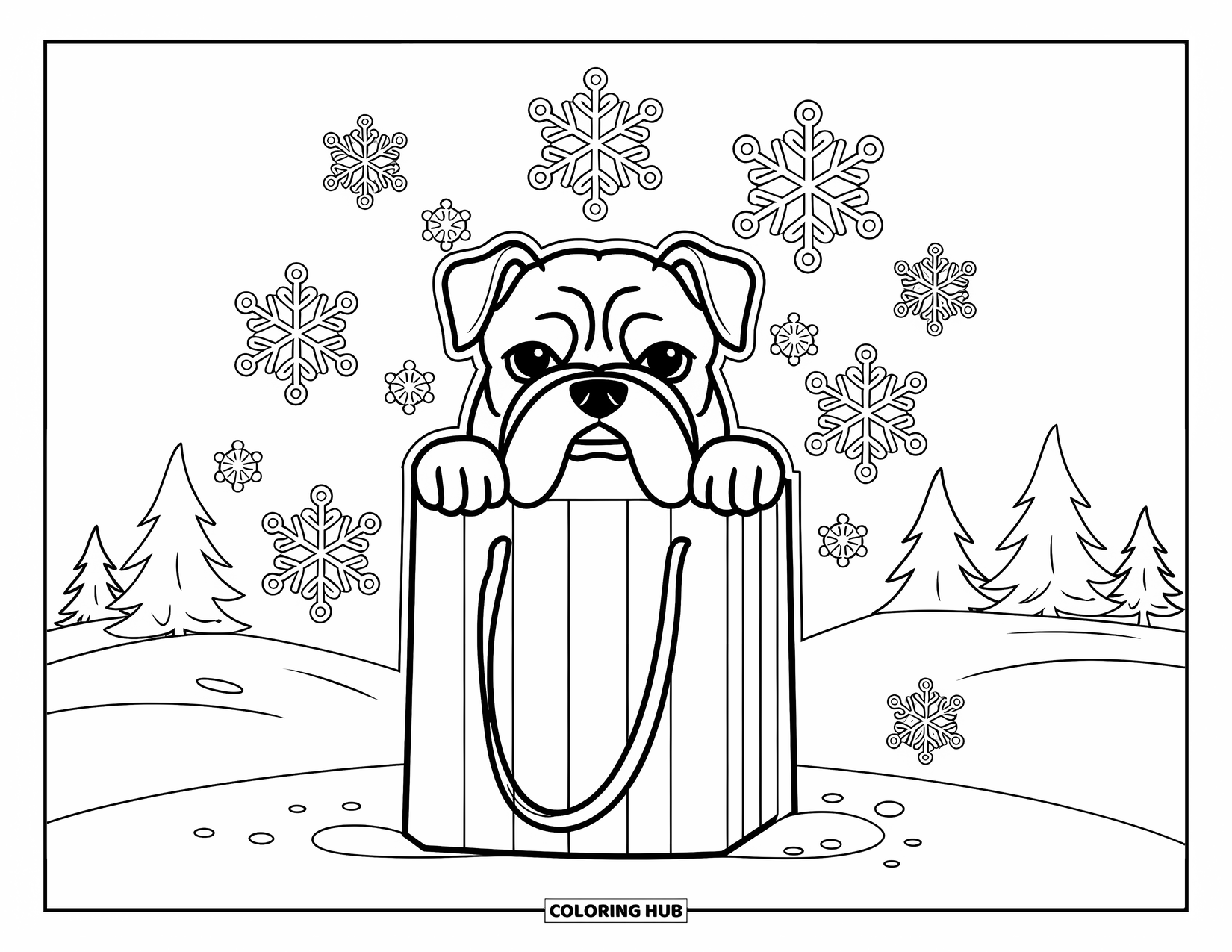 Christmas Dog Coloring Page for Kids: A Bulldog peeks out of a gift bag in snowy pine trees