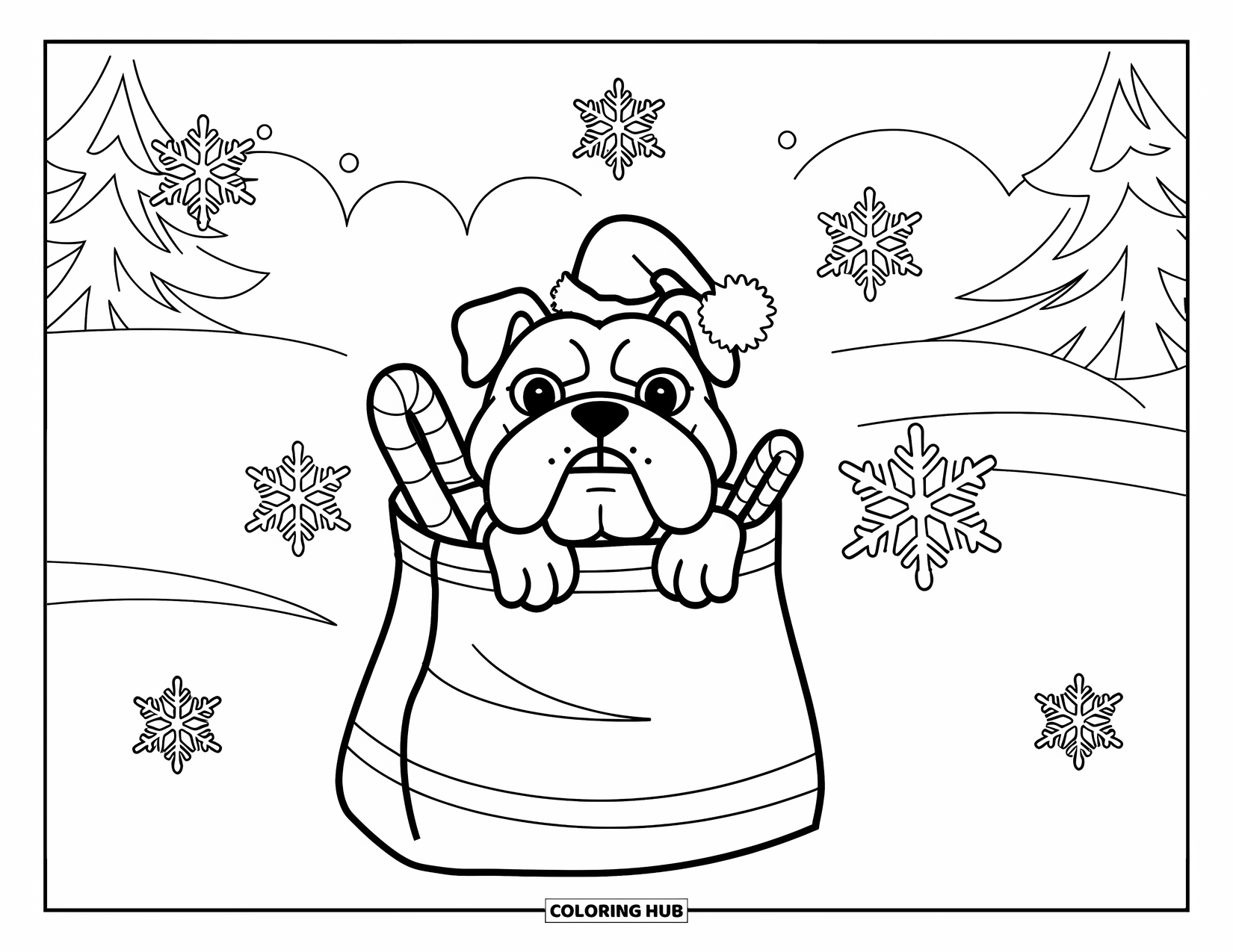 Christmas Dog Coloring Page for Kids: A Bulldog peeks out of a gift bag with snowflakes around