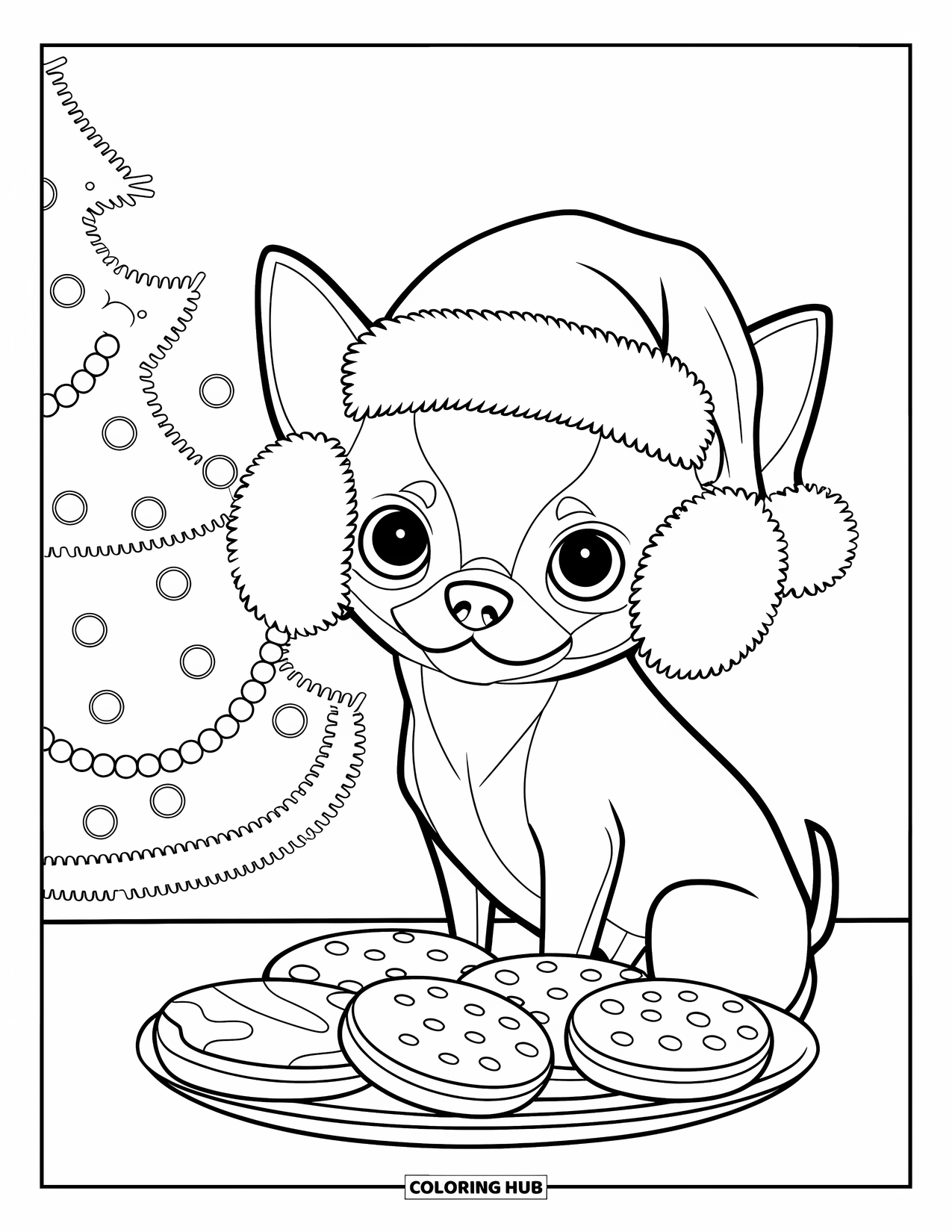 Christmas Dog Coloring Page for Kids: A Chihuahua in earmuffs sits beside a plate of cookies and a tree