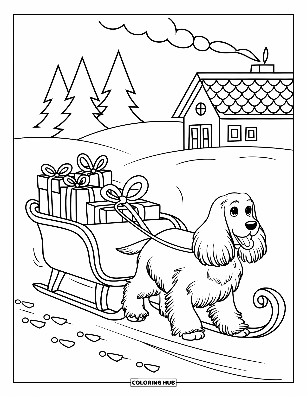 Christmas Dog Coloring Page for Kids: A Cocker Spaniel pulls a sleigh of gifts through snowy trees and a house