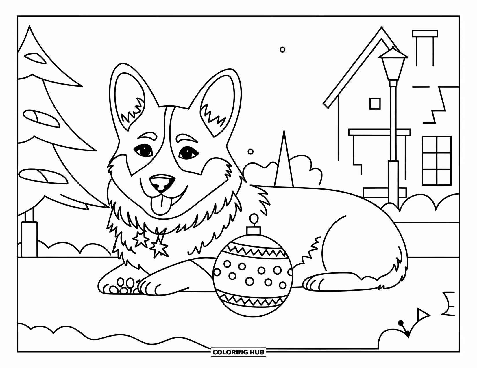 Christmas Dog Coloring Page for Kids: A Corgi with a collar lies by a house, lamp post, and tree