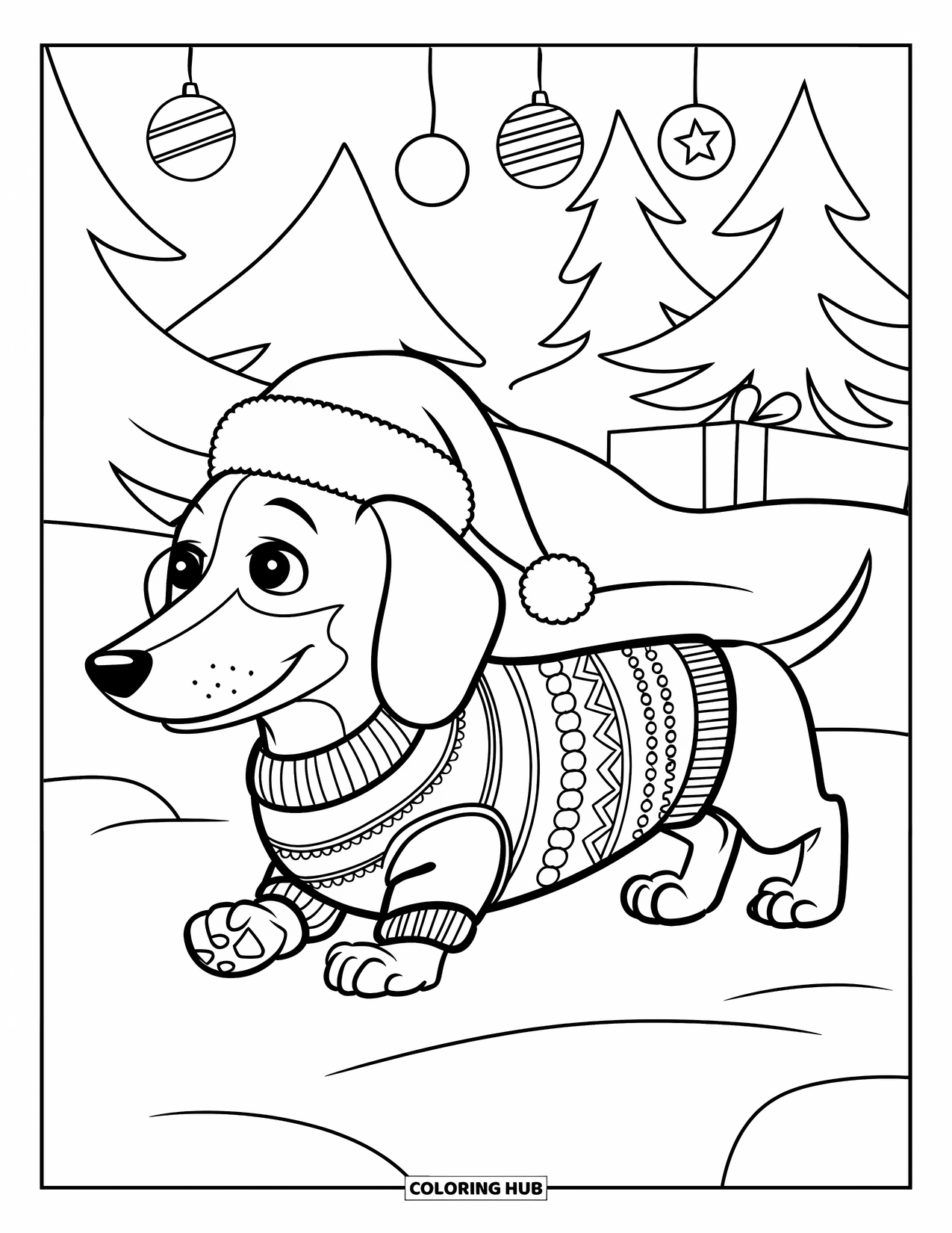 Christmas Dog Coloring Page for Kids: A Dachshund in a sweater and Santa hat walks by decorated trees